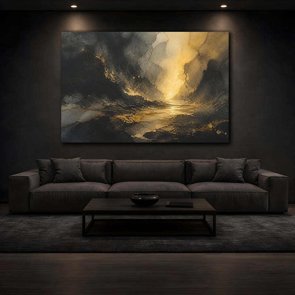 Mockup 3. Nature Abstract Landscape Black And Gold shown as stretched canvas wall art