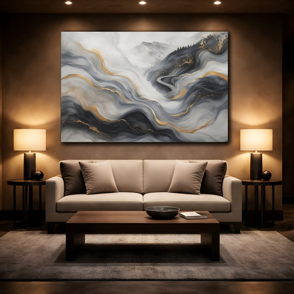 Mockup 2. Nature Abstract Landscape Grey Gold Abstract Landscape shown as stretched canvas wall art