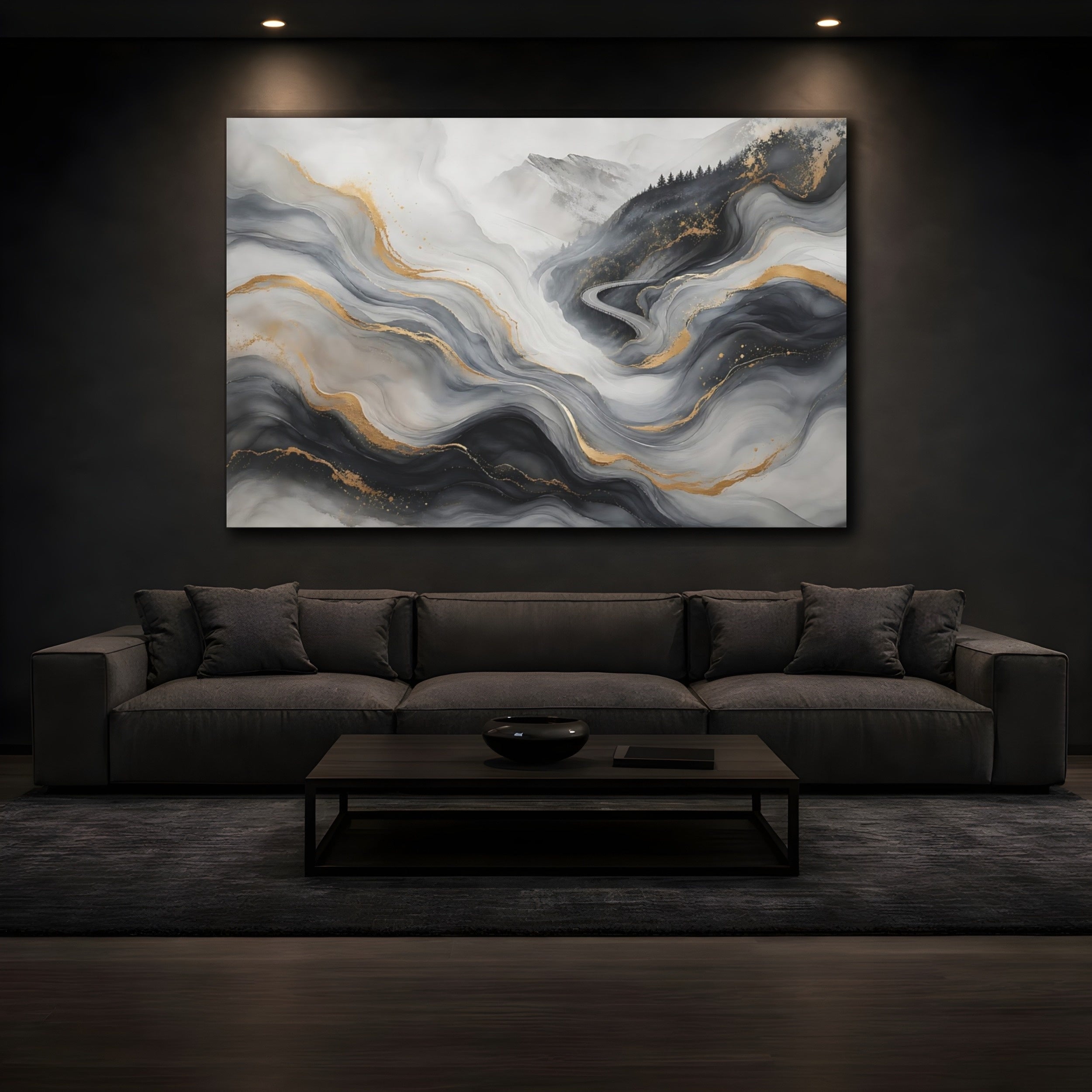 Mockup 3. Nature Abstract Landscape Grey Gold Abstract Landscape shown as stretched canvas wall art