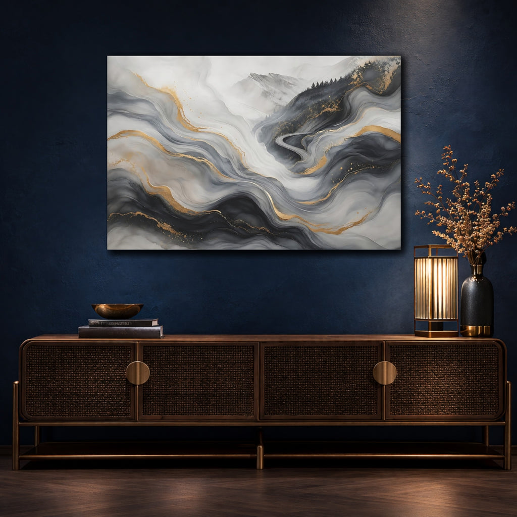Mockup 4. Nature Abstract Landscape Grey Gold Abstract Landscape shown as stretched canvas wall art