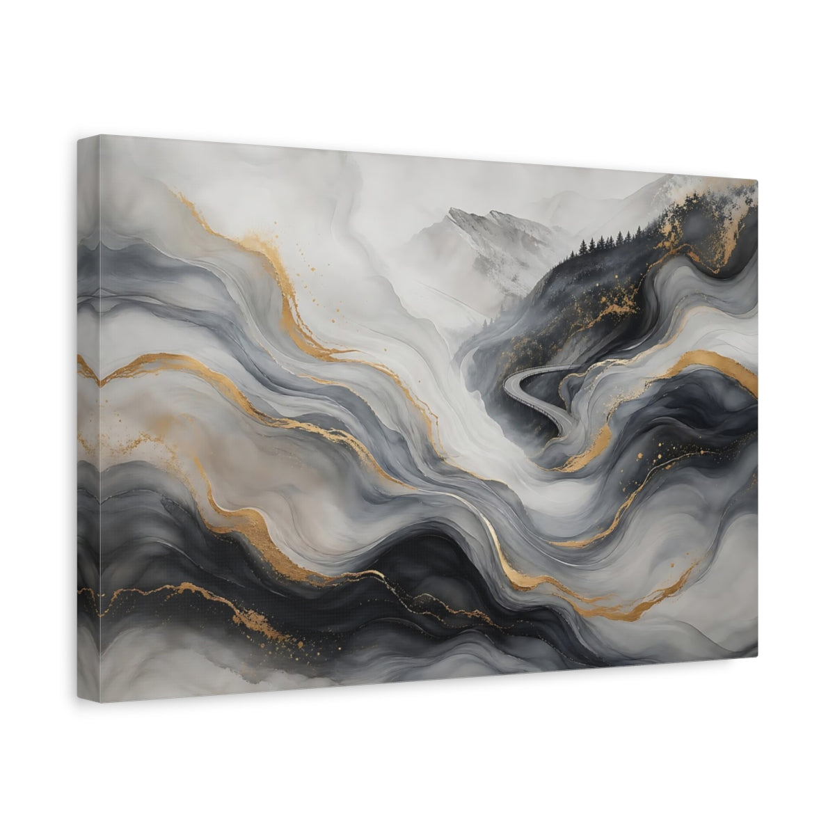 Side Mockup 4. Nature Abstract Landscape Grey Gold Abstract Landscape shown as stretched canvas wall art