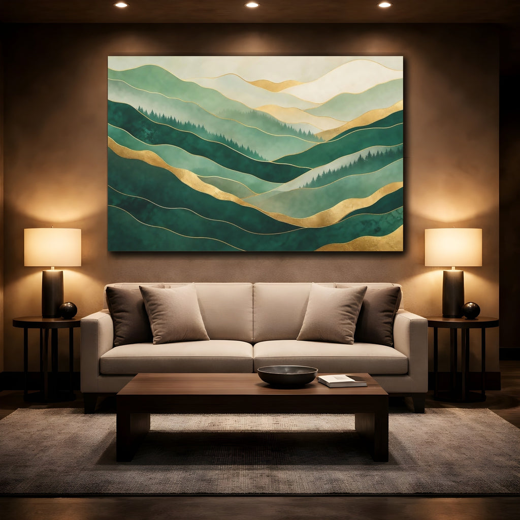 Mockup 2. Nature Abstract Mountains Green Gold Mountains shown as stretched canvas wall art