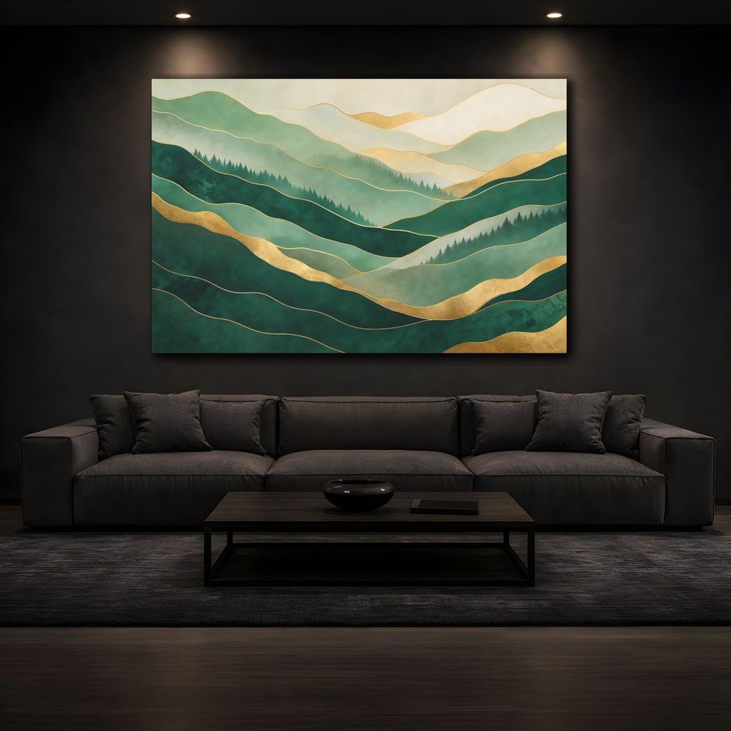 Mockup 3. Nature Abstract Mountains Green Gold Mountains shown as stretched canvas wall art