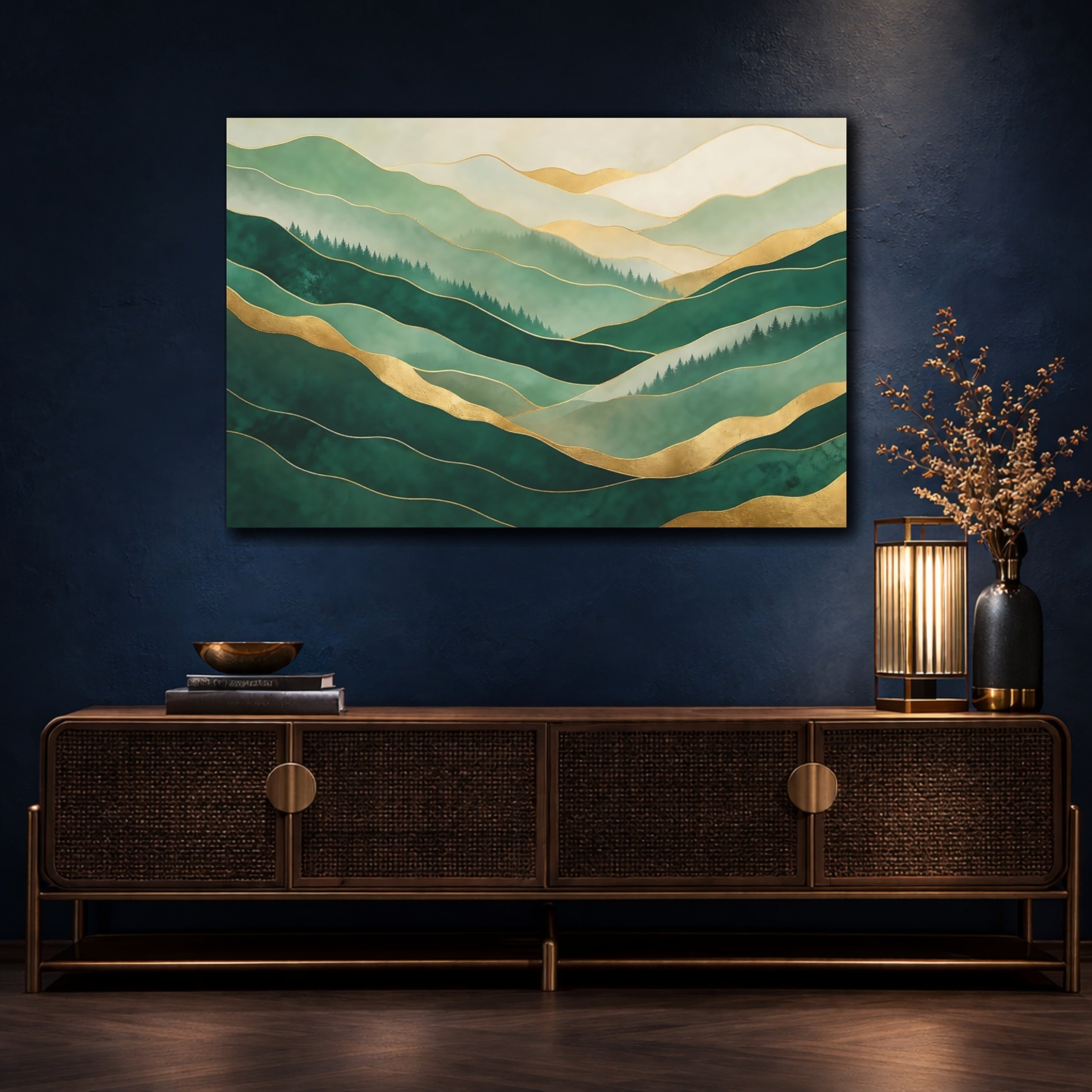 Mockup 4. Nature Abstract Mountains Green Gold Mountains shown as stretched canvas wall art