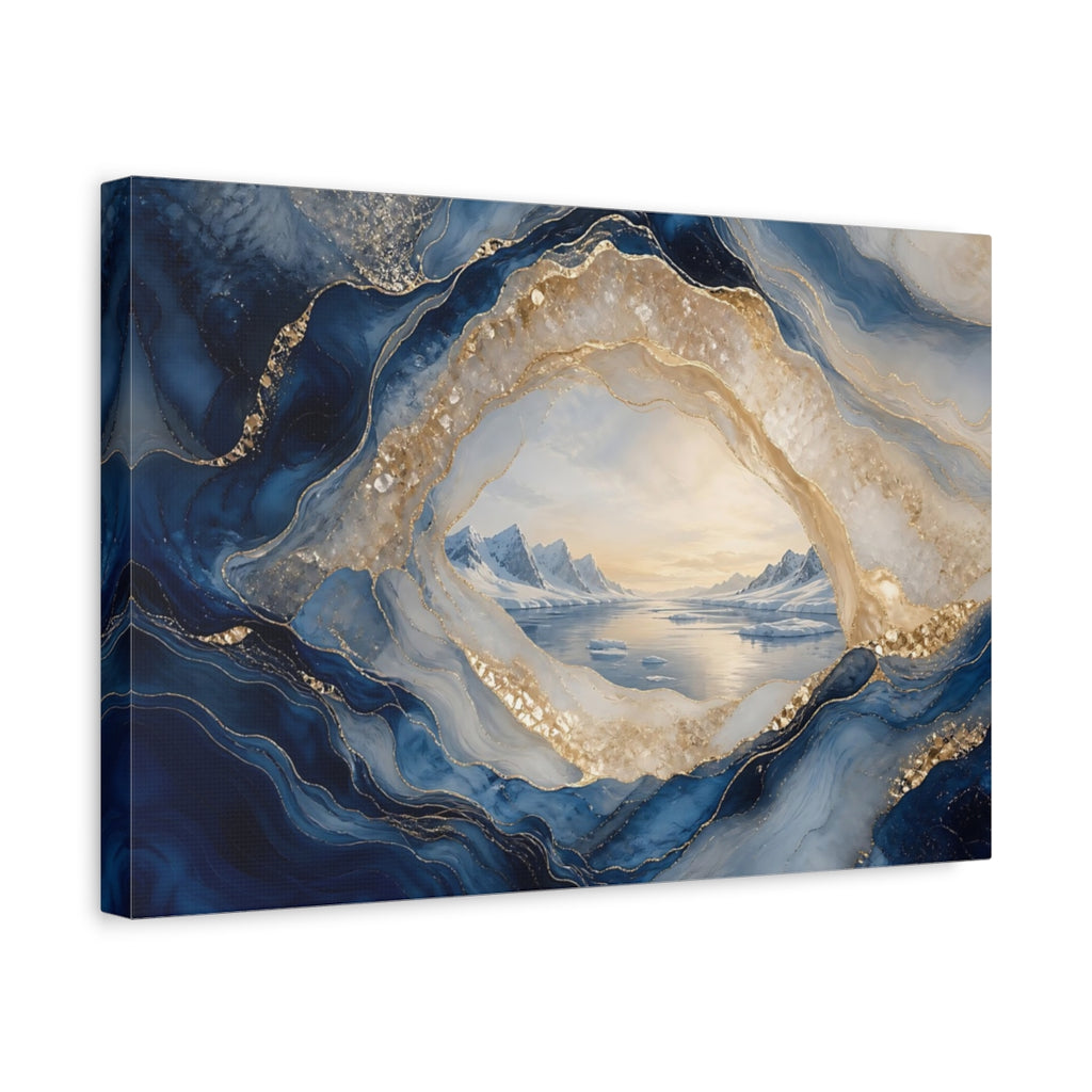 Side Mockup 4. Nature Arctic Landscape Blue And Gold shown as stretched canvas wall art