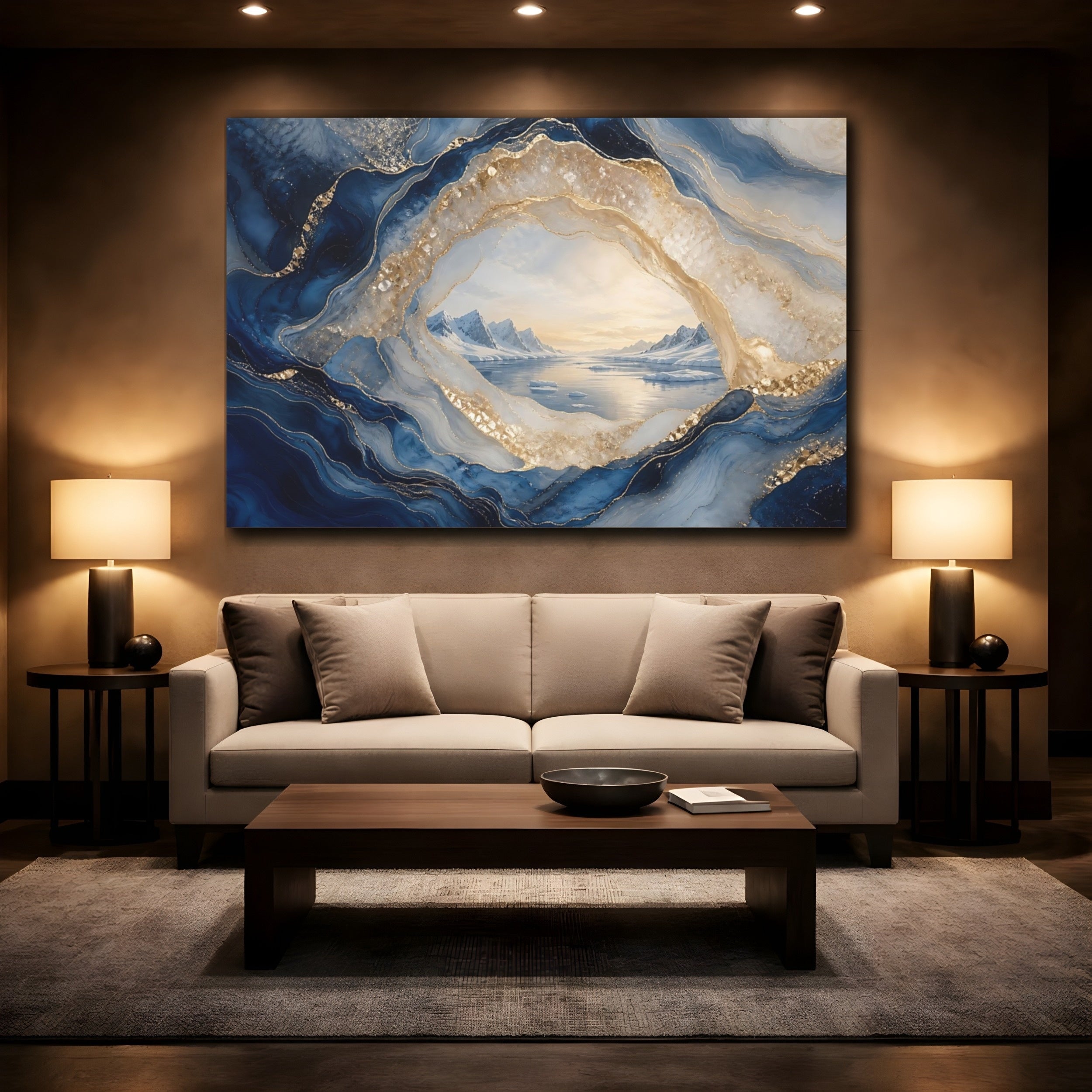 Mockup 2. Nature Arctic Landscape Blue And Gold shown as stretched canvas wall art