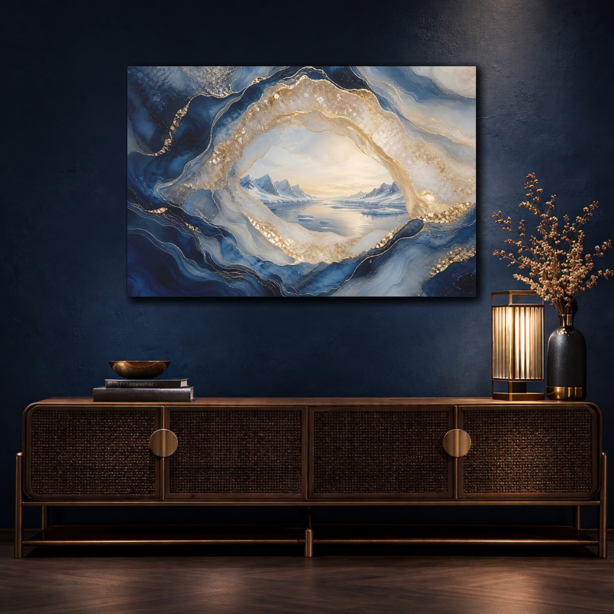Mockup 4. Nature Arctic Landscape Blue And Gold shown as stretched canvas wall art