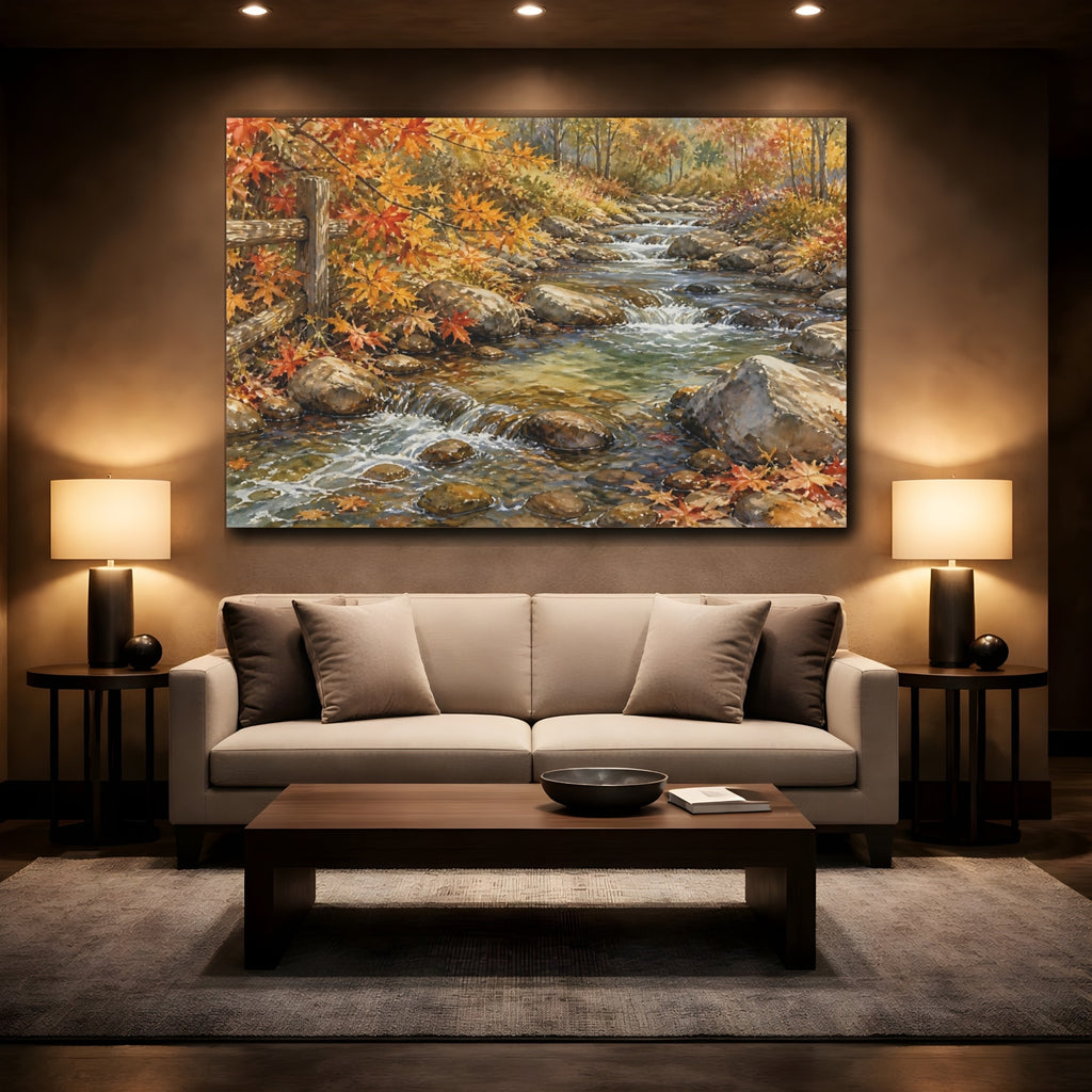 Mockup 2. Nature Autumn Stream Autumn Creek shown as stretched canvas wall art