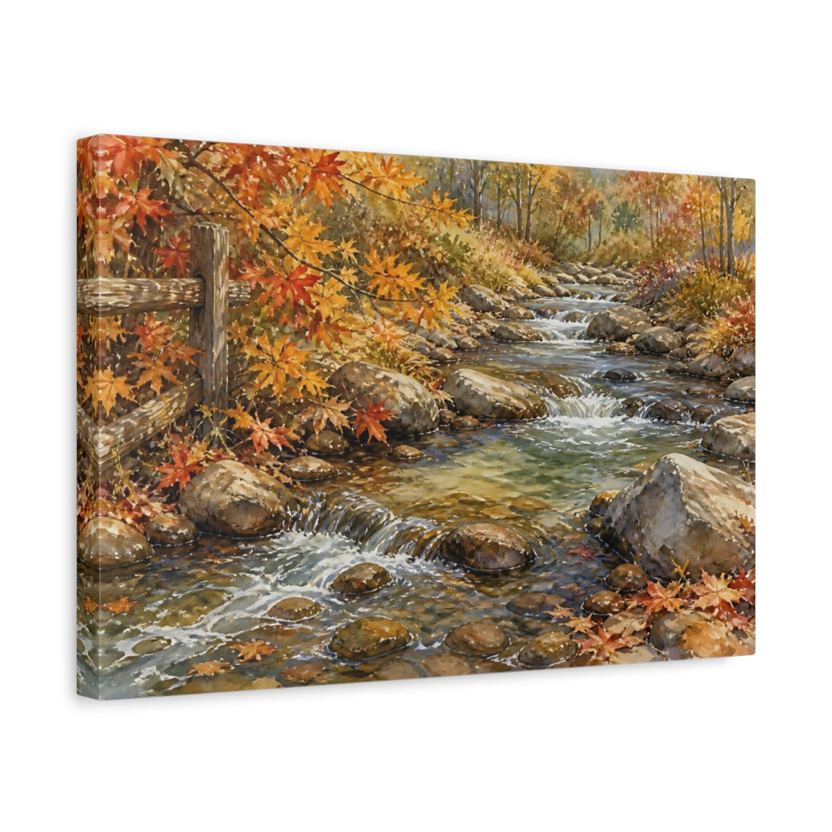 Side Mockup 4. Nature Autumn Stream Autumn Creek shown as stretched canvas wall art