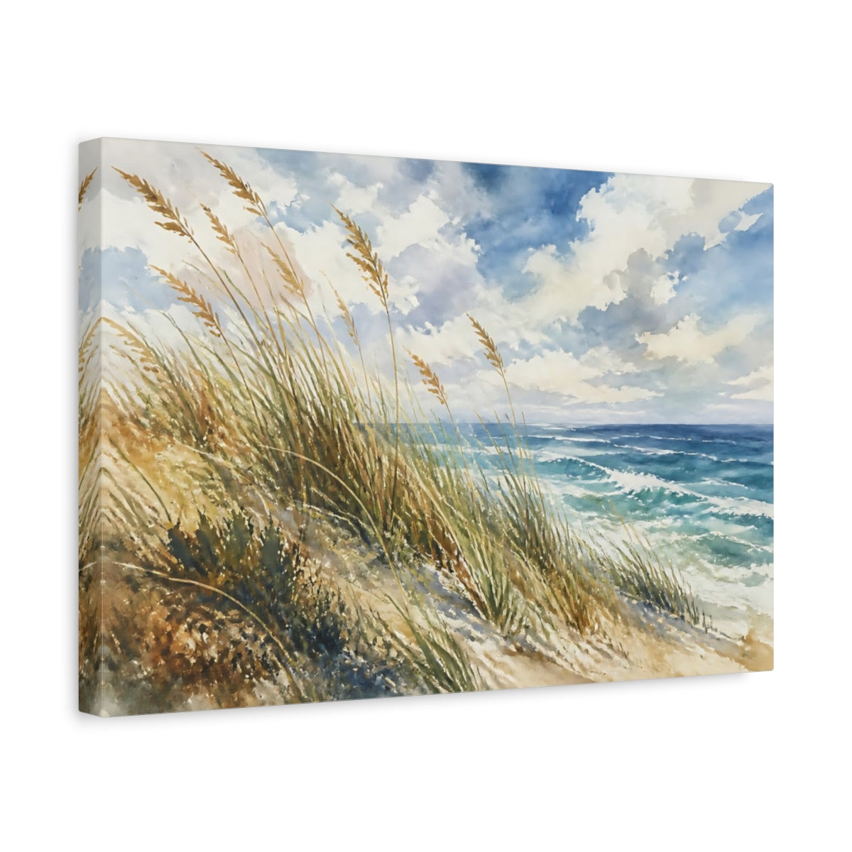Side Mockup 4. Nature Beach Dunes Blue And Brown shown as stretched canvas wall art