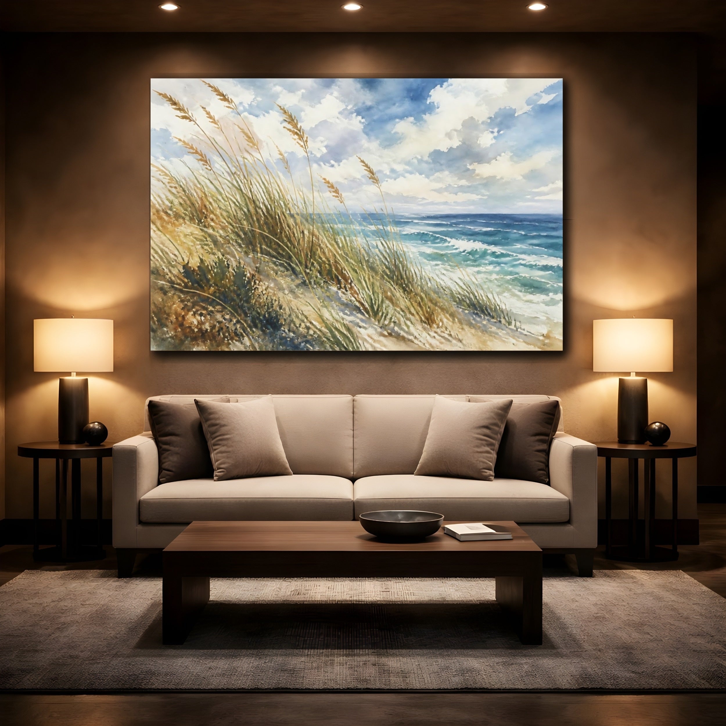 Mockup 2. Nature Beach Dunes Blue And Brown shown as stretched canvas wall art