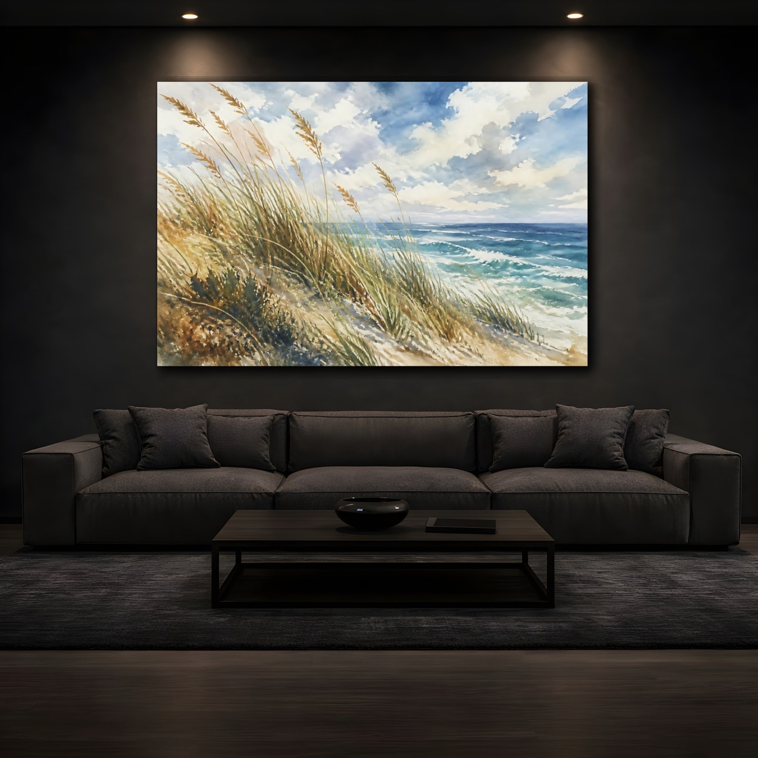 Mockup 3. Nature Beach Dunes Blue And Brown shown as stretched canvas wall art