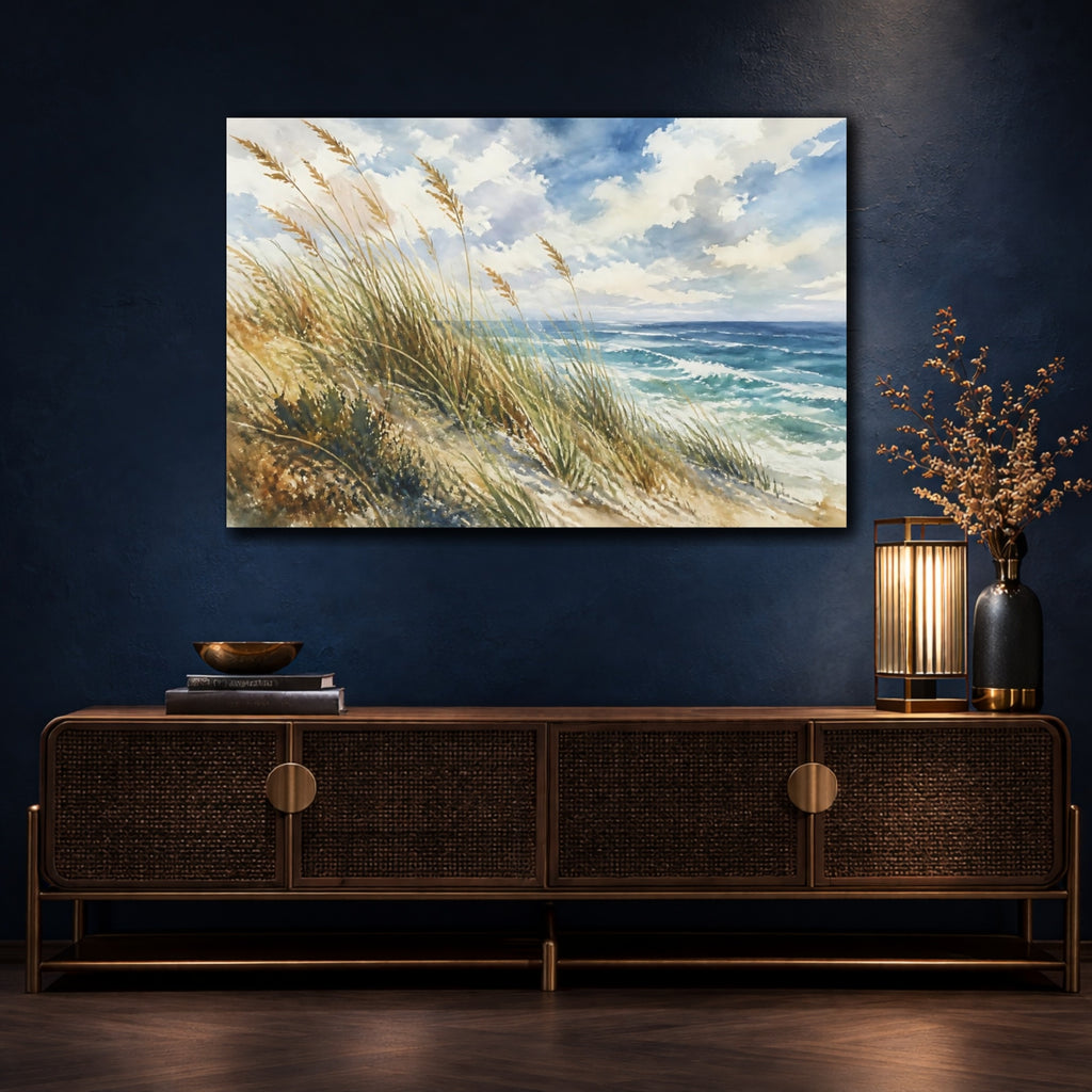 Mockup 4. Nature Beach Dunes Blue And Brown shown as stretched canvas wall art