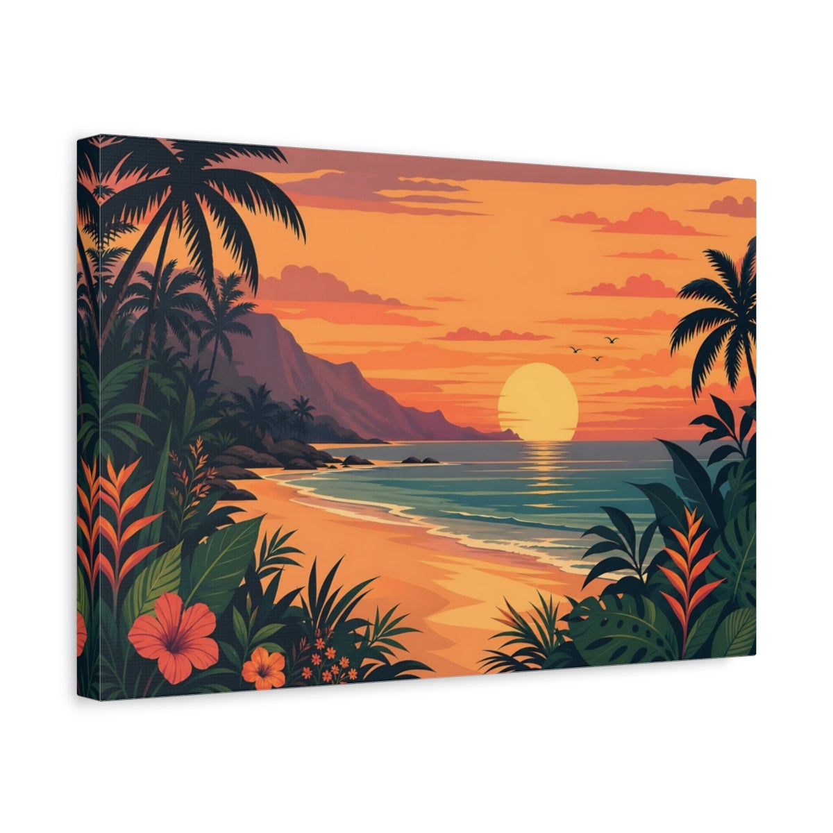 Side Mockup 4. Nature Beach Sunset Tropical Sunset Orange shown as stretched canvas wall art
