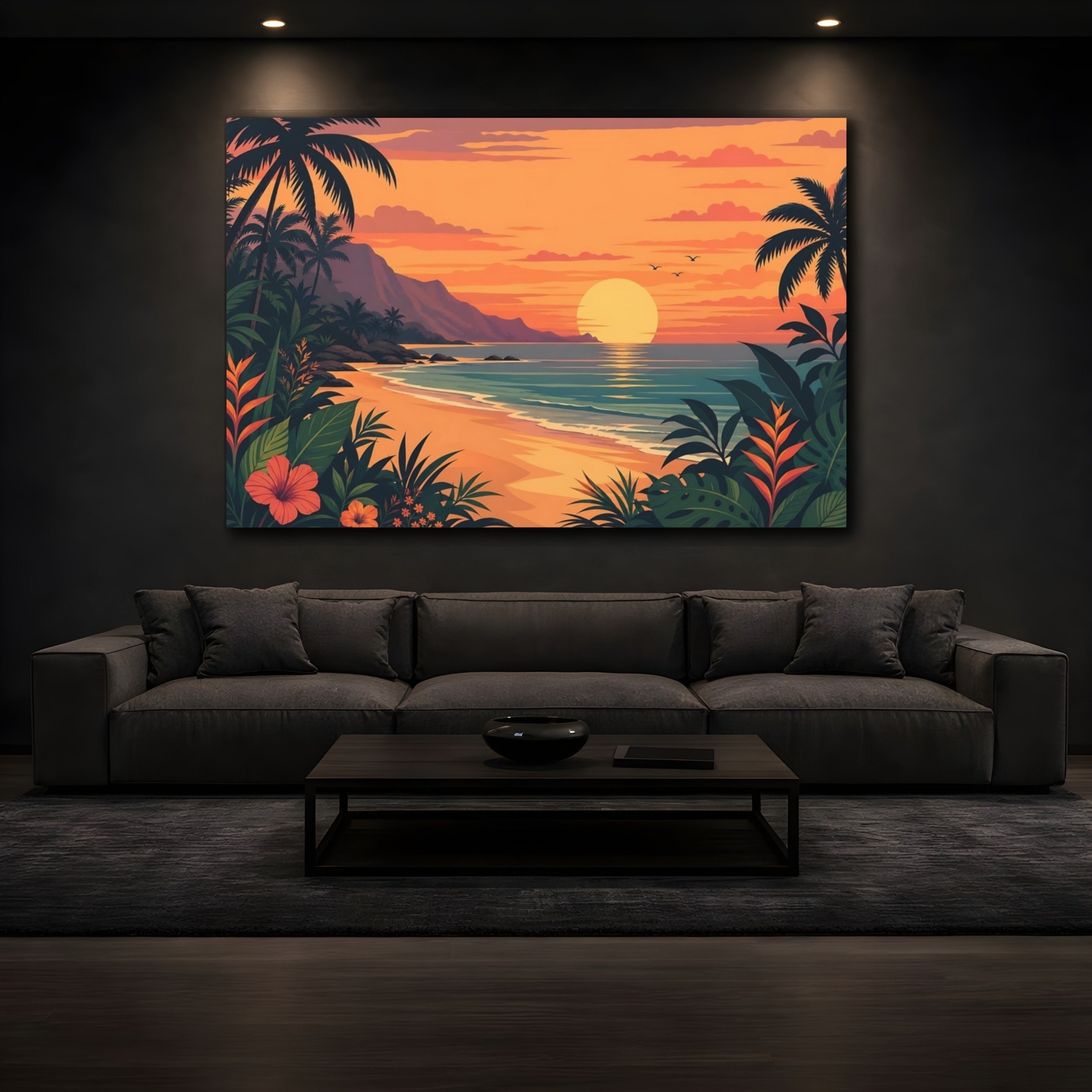 Mockup 3. Nature Beach Sunset Tropical Sunset Orange shown as stretched canvas wall art
