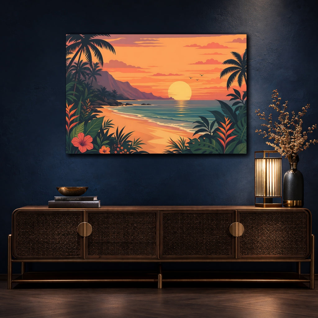 Mockup 4. Nature Beach Sunset Tropical Sunset Orange shown as stretched canvas wall art