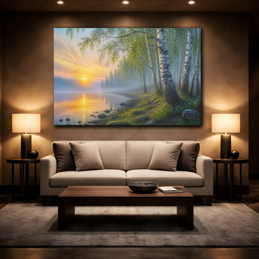 Mockup 2. Nature Birch Forest Golden Birch Forest shown as stretched canvas wall art