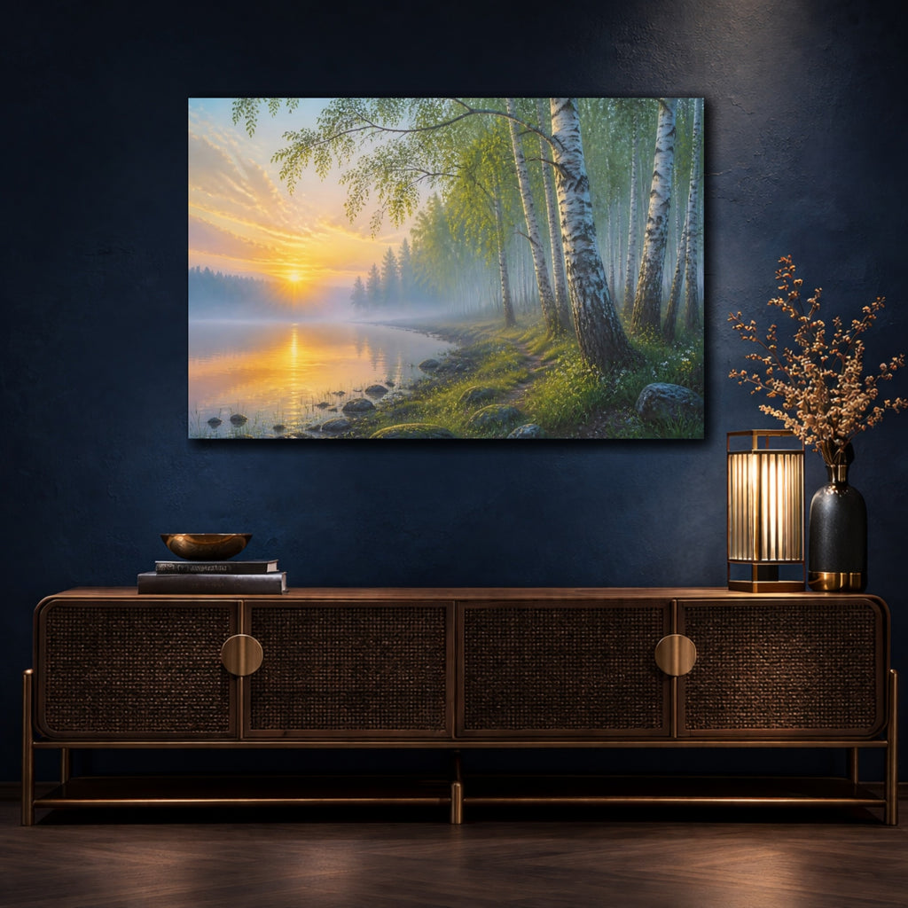 Mockup 4. Nature Birch Forest Golden Birch Forest shown as stretched canvas wall art
