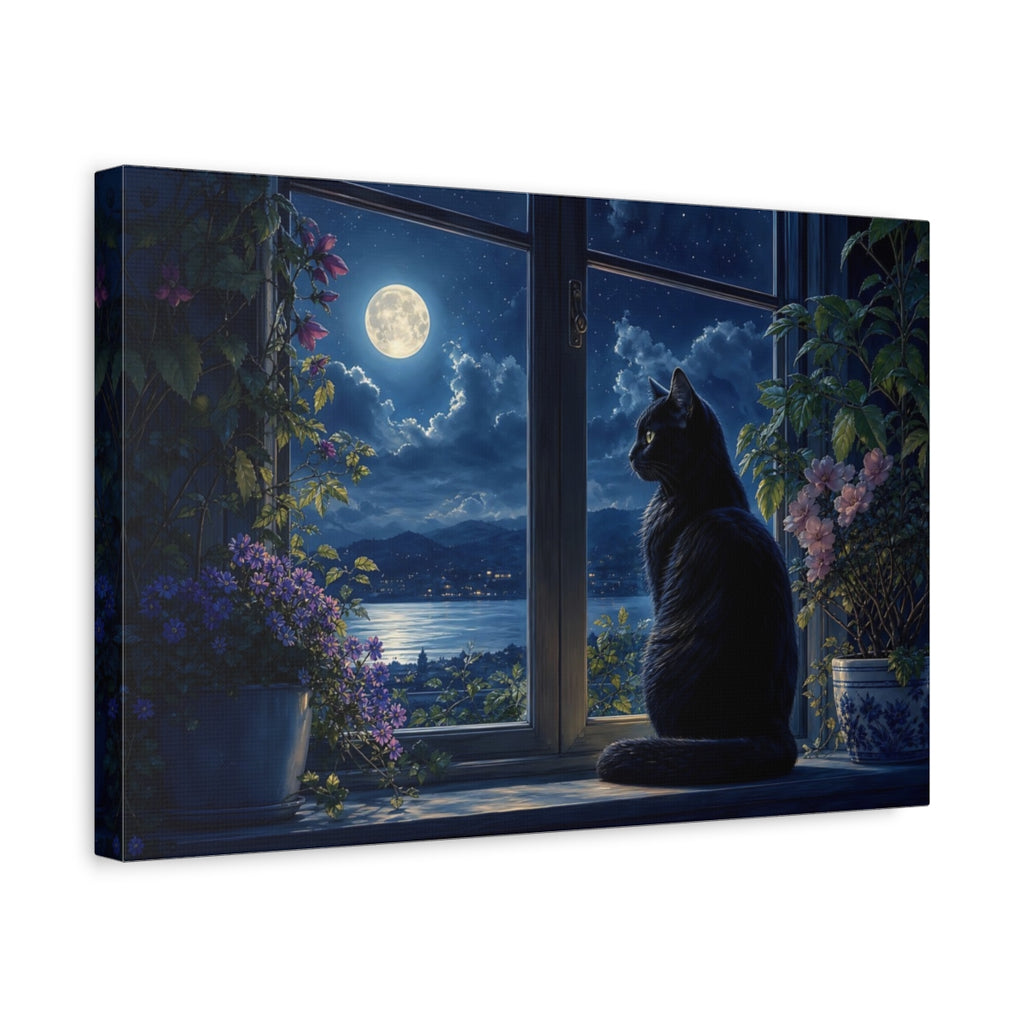 Side Mockup 4. Nature Black Cat Moonlit Night Scene shown as stretched canvas wall art