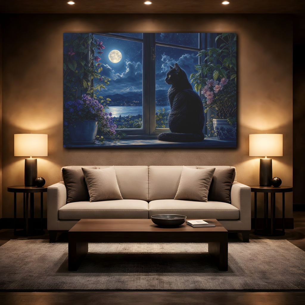 Mockup 2. Nature Black Cat Moonlit Night Scene shown as stretched canvas wall art