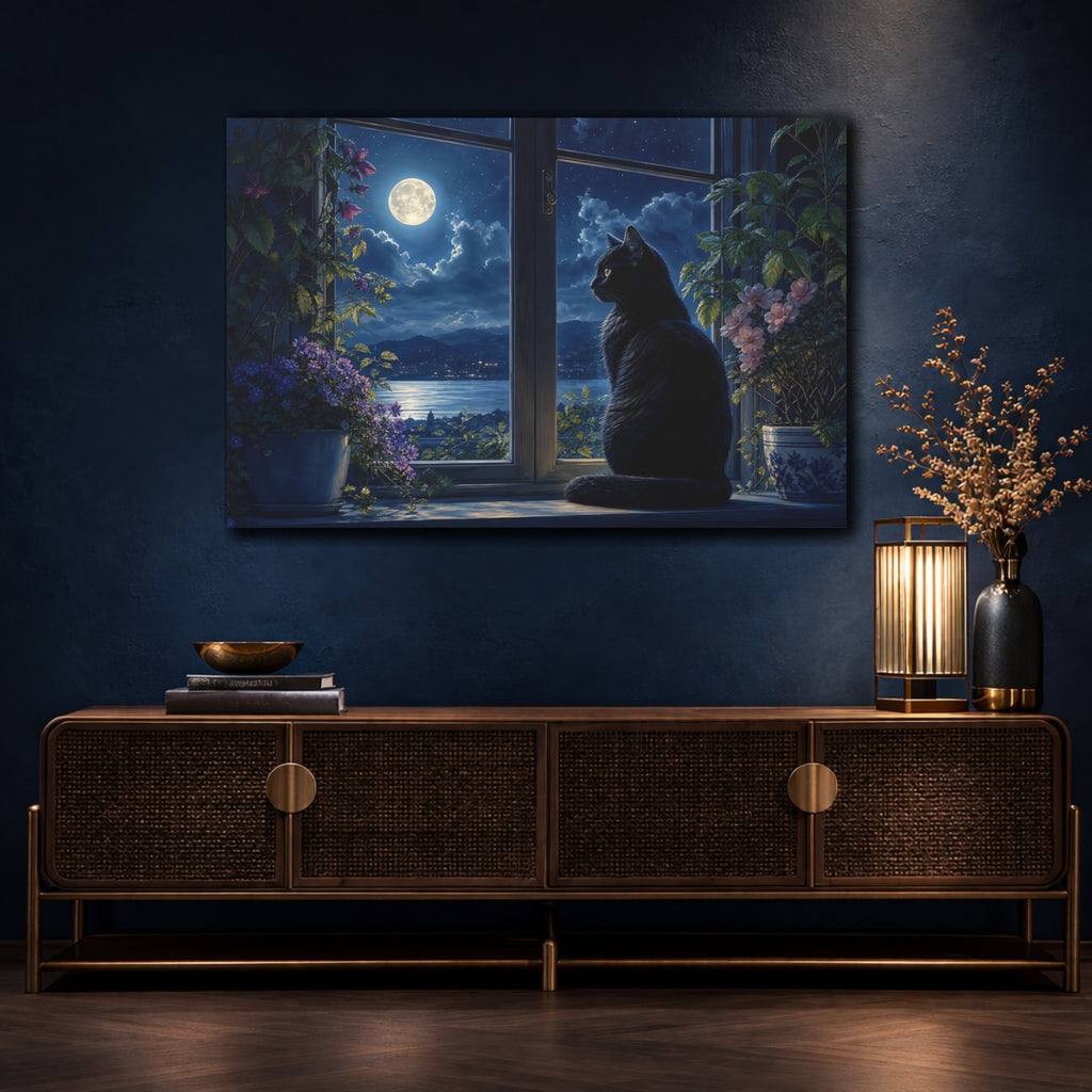 Mockup 4. Nature Black Cat Moonlit Night Scene shown as stretched canvas wall art