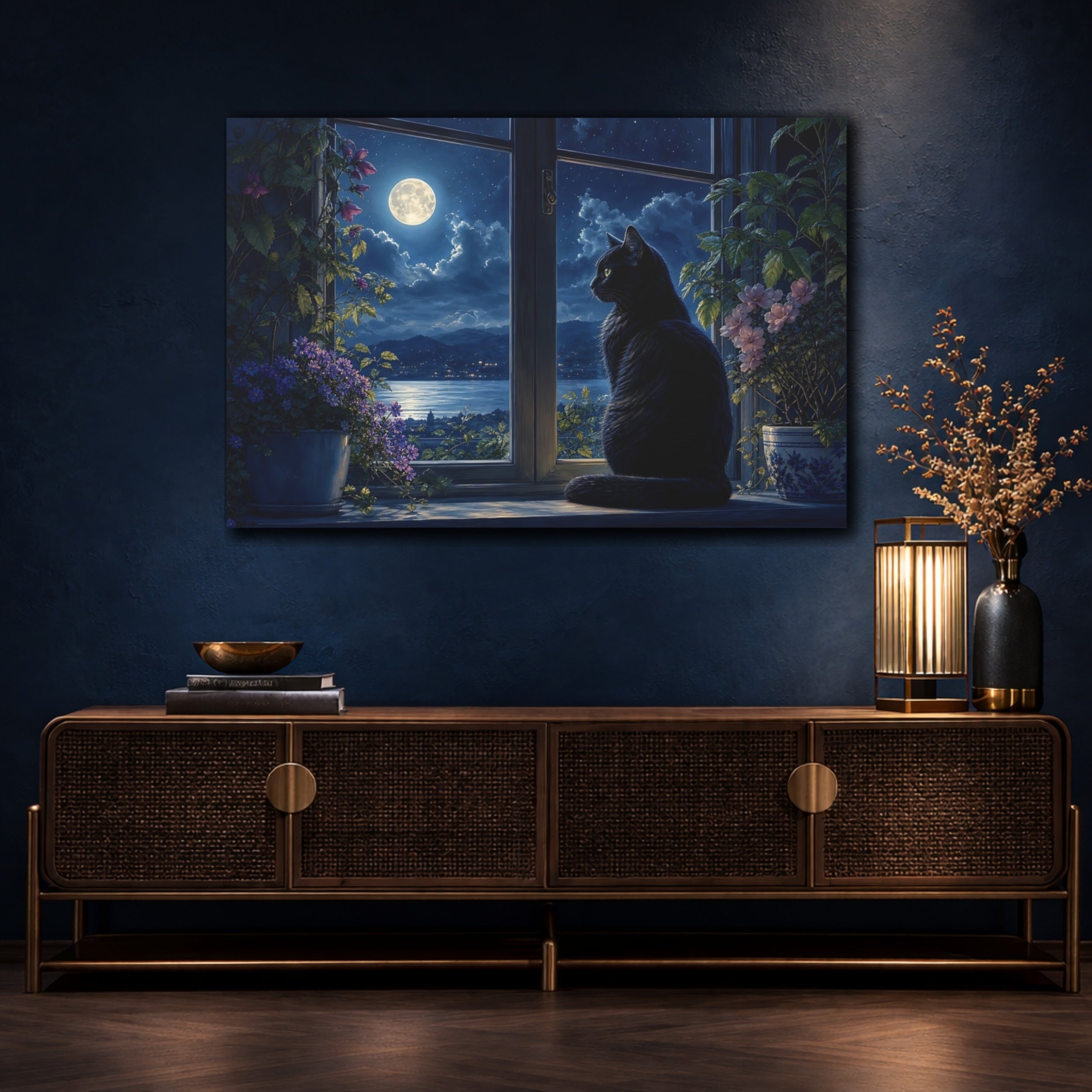 Mockup 4. Nature Black Cat Moonlit Night Scene shown as stretched canvas wall art