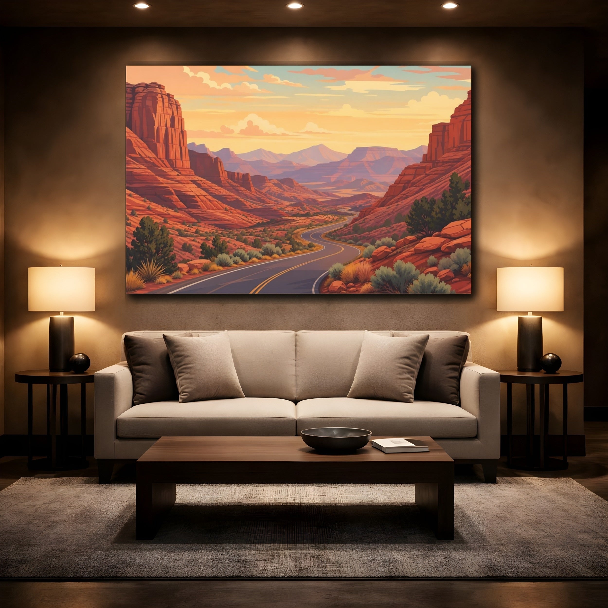 Mockup 2. Nature Canyon Road Warm Desert Landscape shown as stretched canvas wall art
