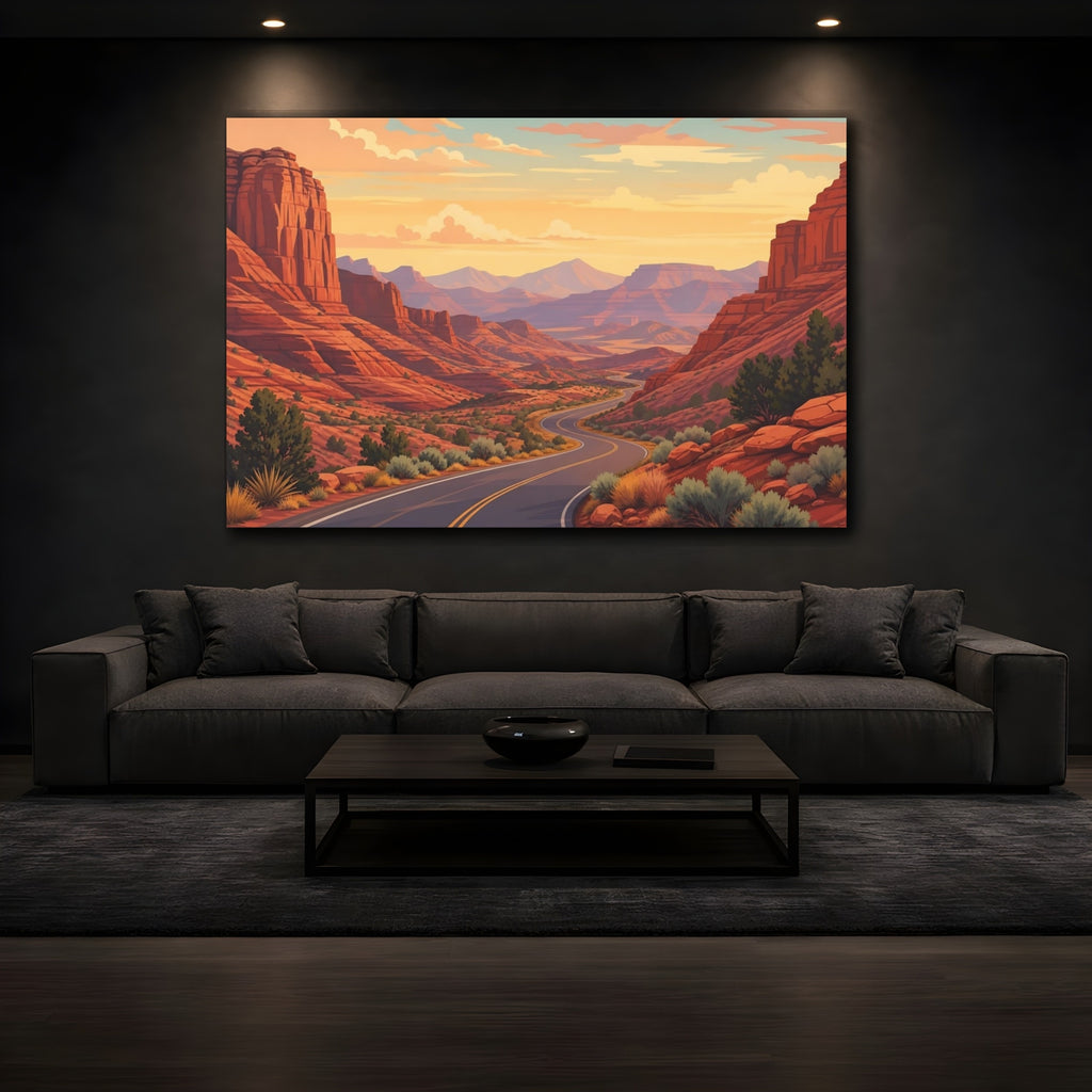 Mockup 3. Nature Canyon Road Warm Desert Landscape shown as stretched canvas wall art
