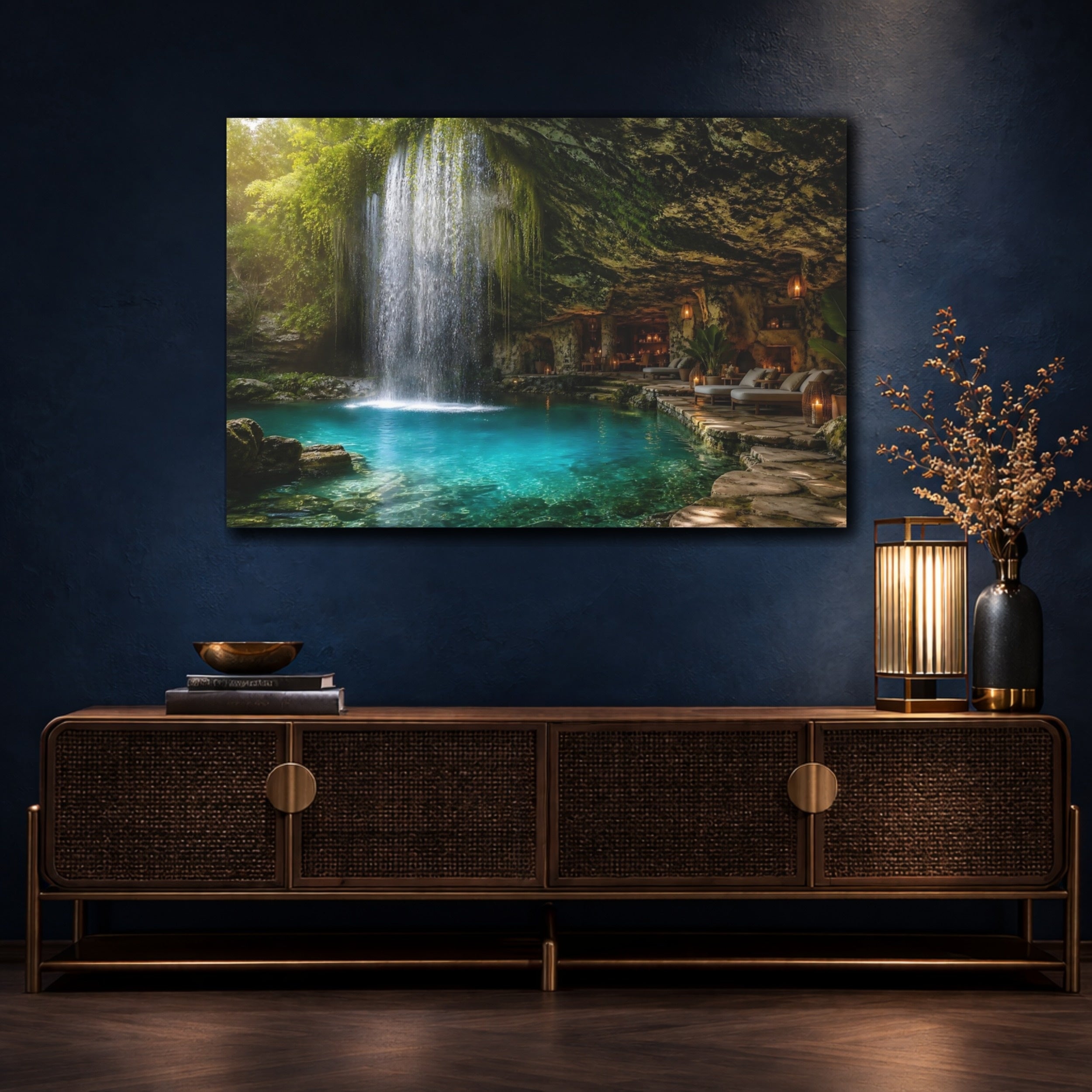 Mockup 4. Nature Cave Waterfall Tropical Cave Waterfall shown as stretched canvas wall art