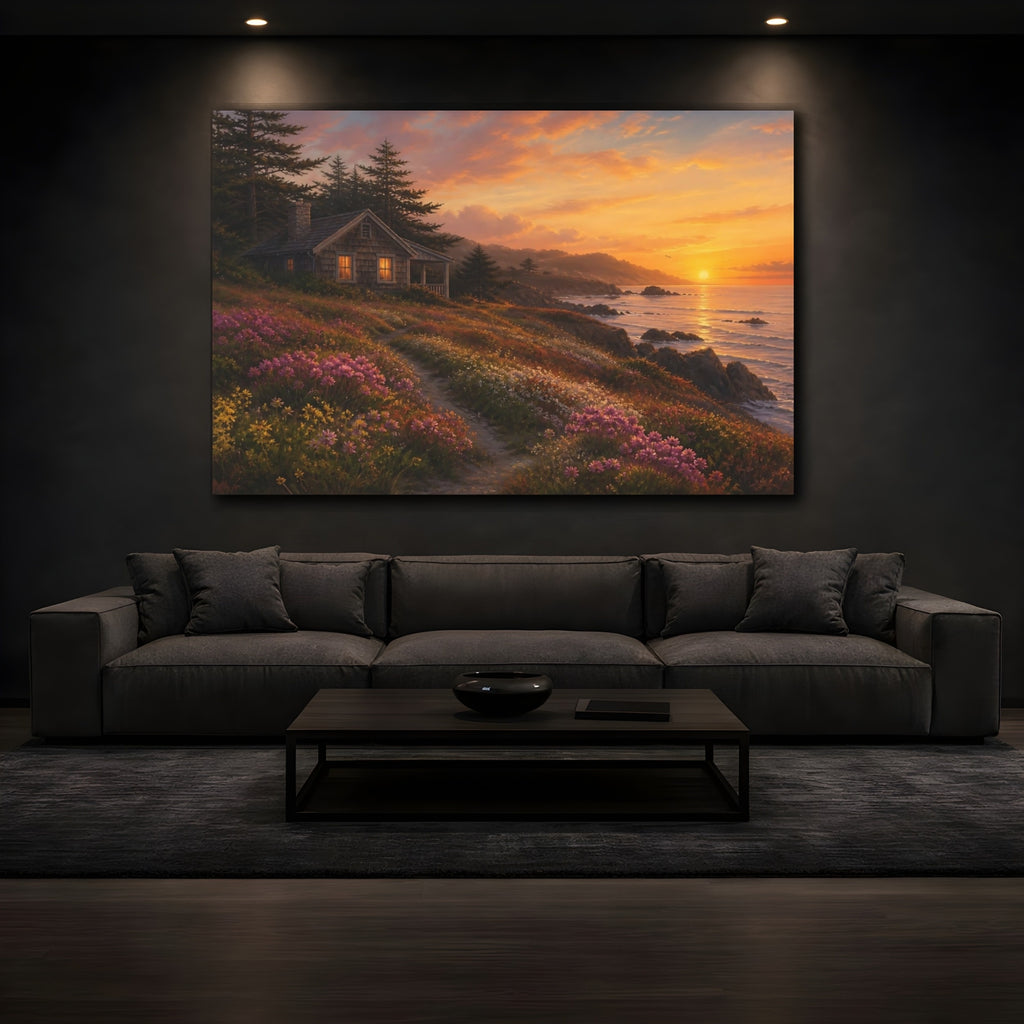 Mockup 3. Nature Coastal Cabin Warm Coastal shown as stretched canvas wall art