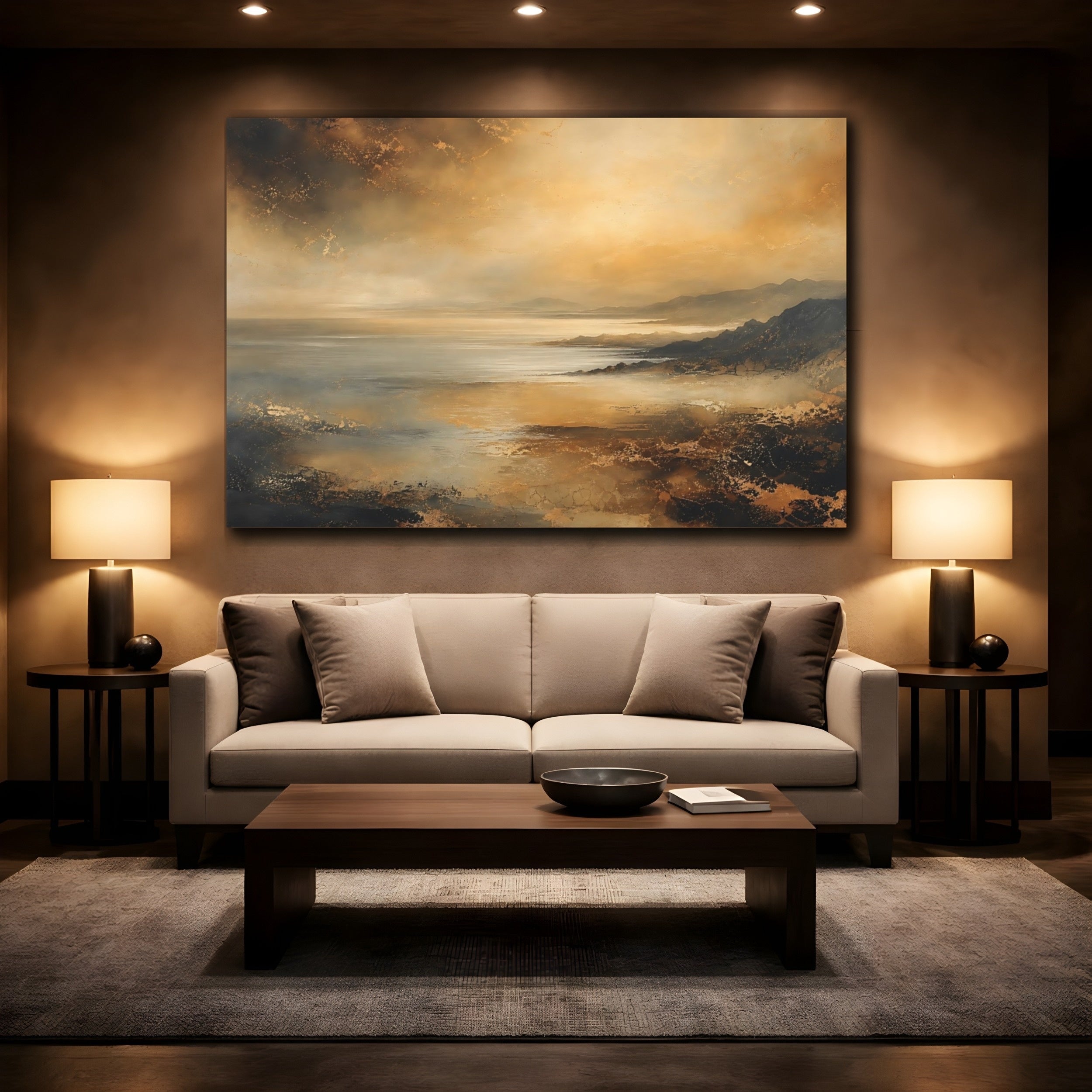 Mockup 2. Nature Coastal Landscape Golden Coastal Landscape shown as stretched canvas wall art
