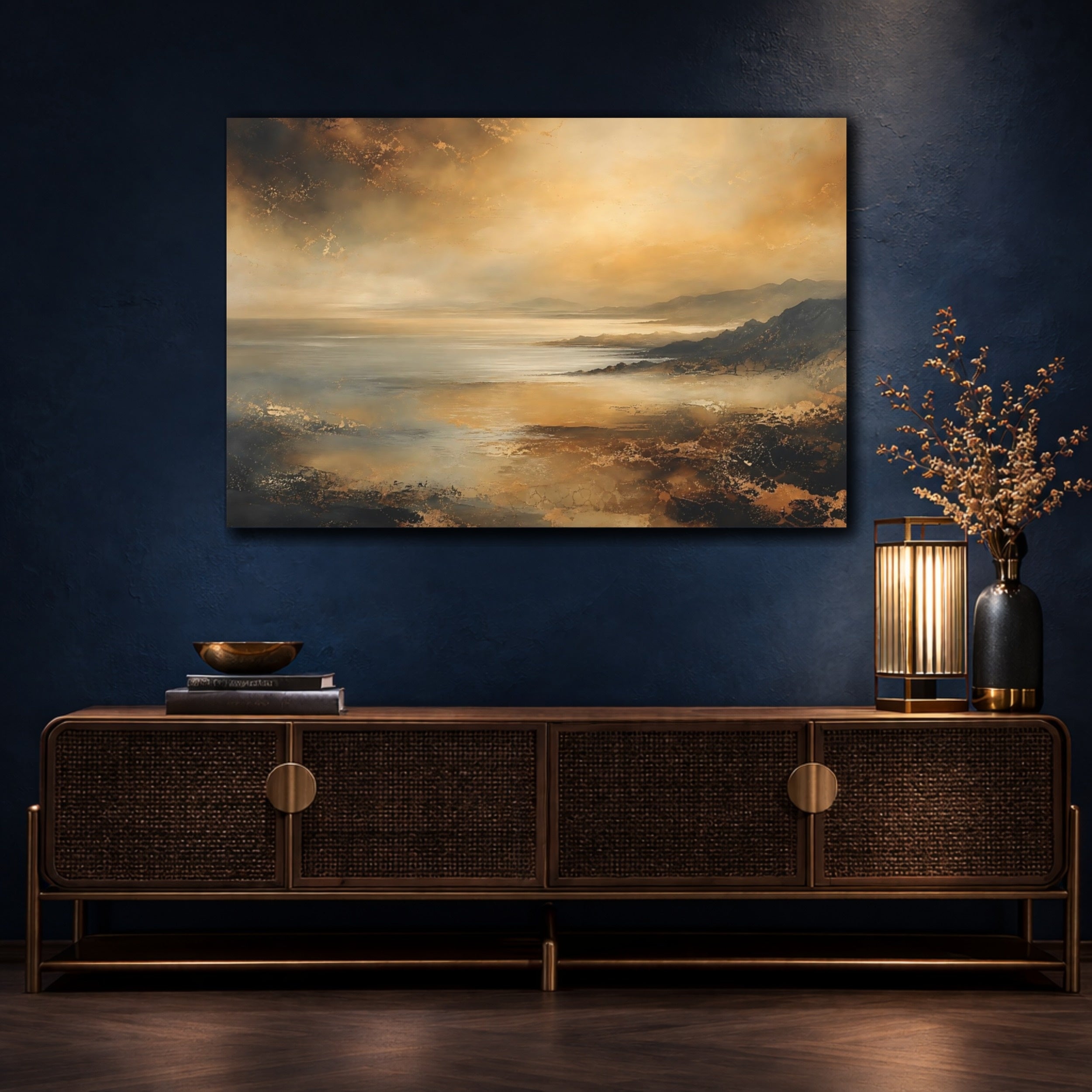 Mockup 4. Nature Coastal Landscape Golden Coastal Landscape shown as stretched canvas wall art