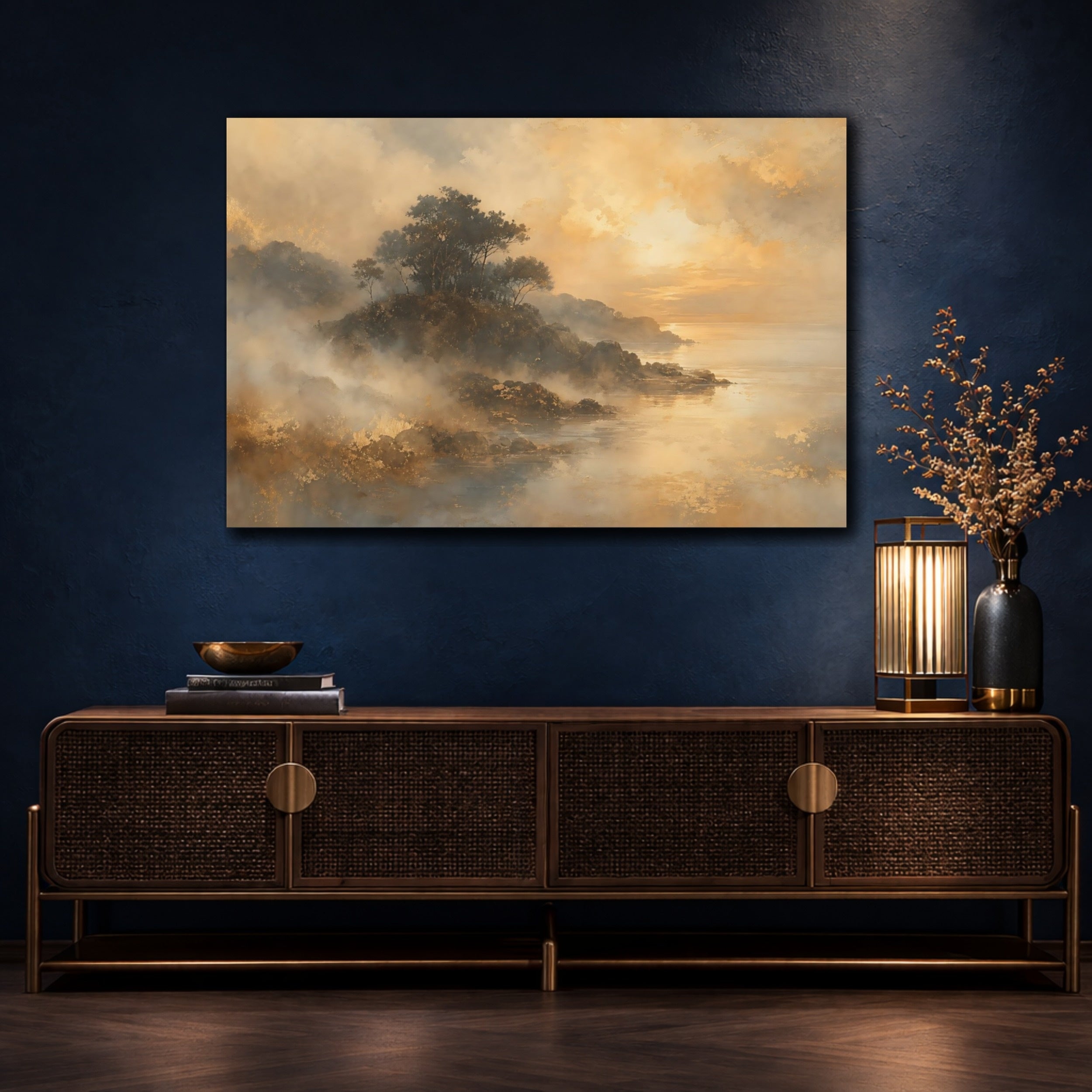 Mockup 4. Nature Coastal Landscape Golden Hues shown as stretched canvas wall art