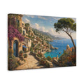 Side Mockup 4. Nature Coastal Town Mediterranean Coastal View shown as stretched canvas wall art