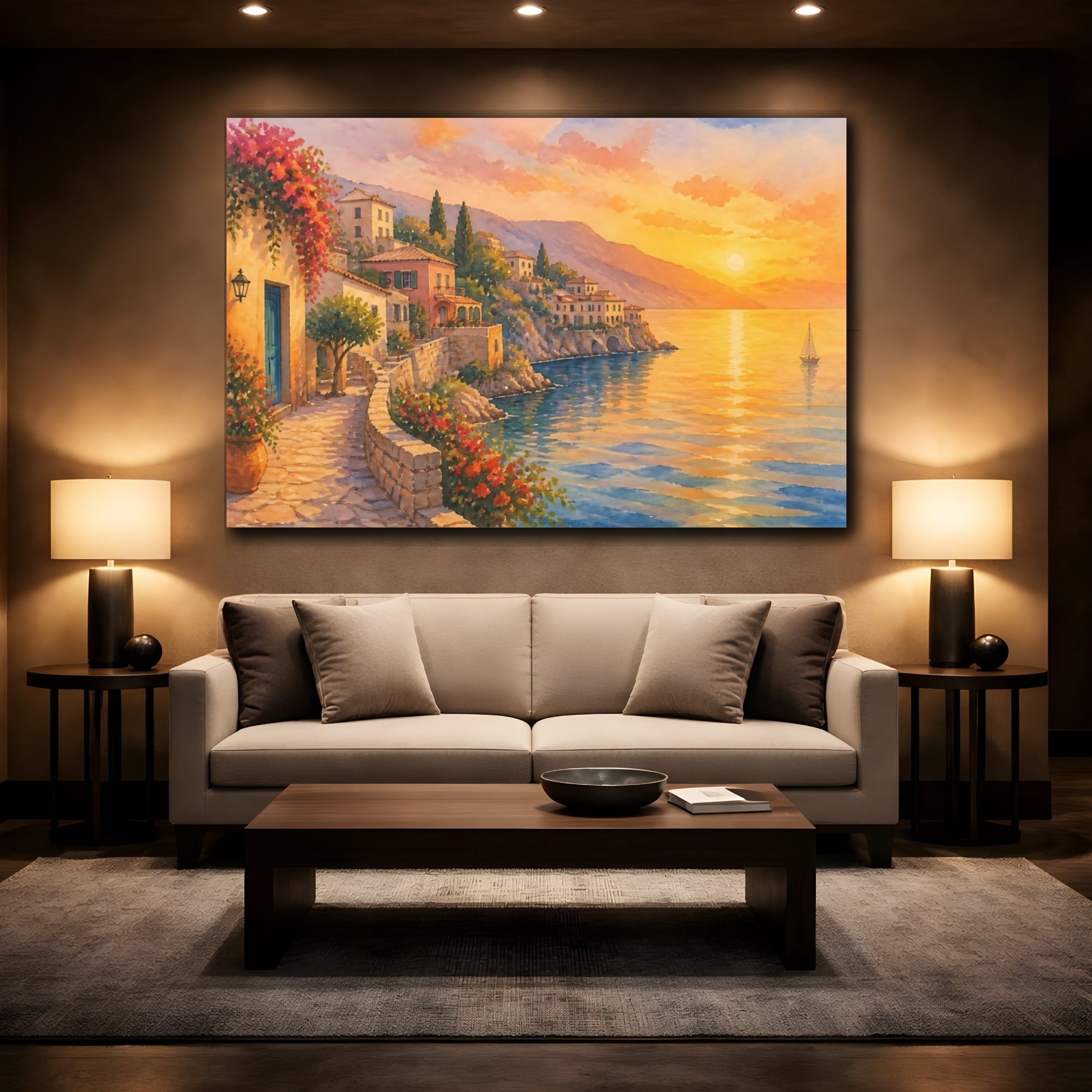 Mockup 2. Nature Coastal Village Warm Coastal Sunset shown as canvas print