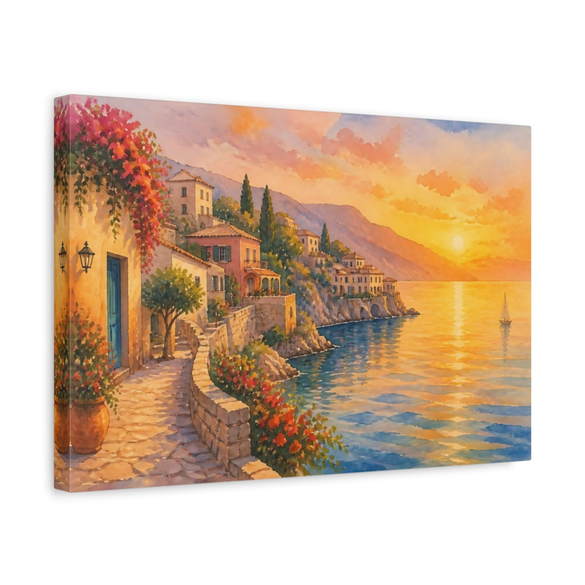Side Mockup 4. Nature Coastal Village Warm Coastal Sunset shown as canvas print