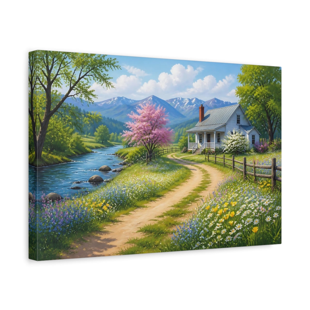 Side Mockup 4. Nature Country House Spring Landscape shown as stretched canvas wall art