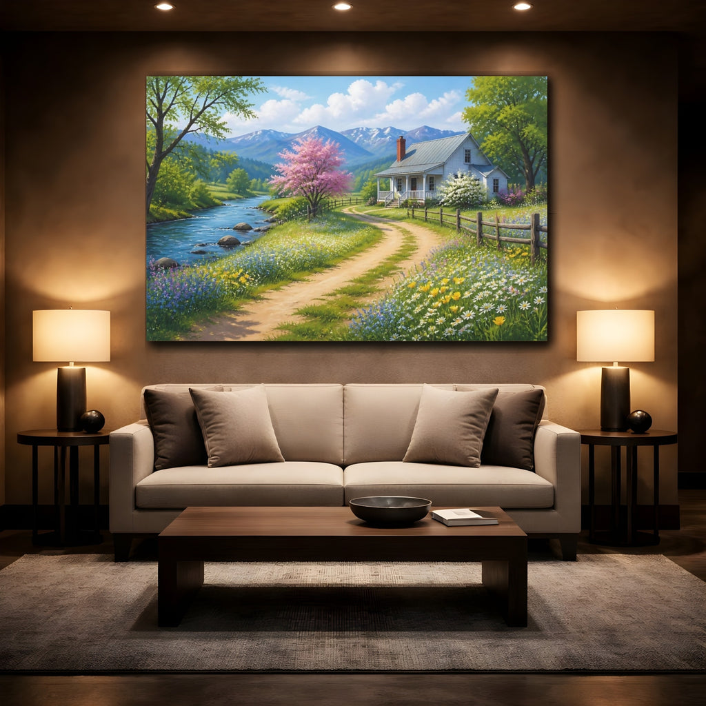 Mockup 2. Nature Country House Spring Landscape shown as stretched canvas wall art