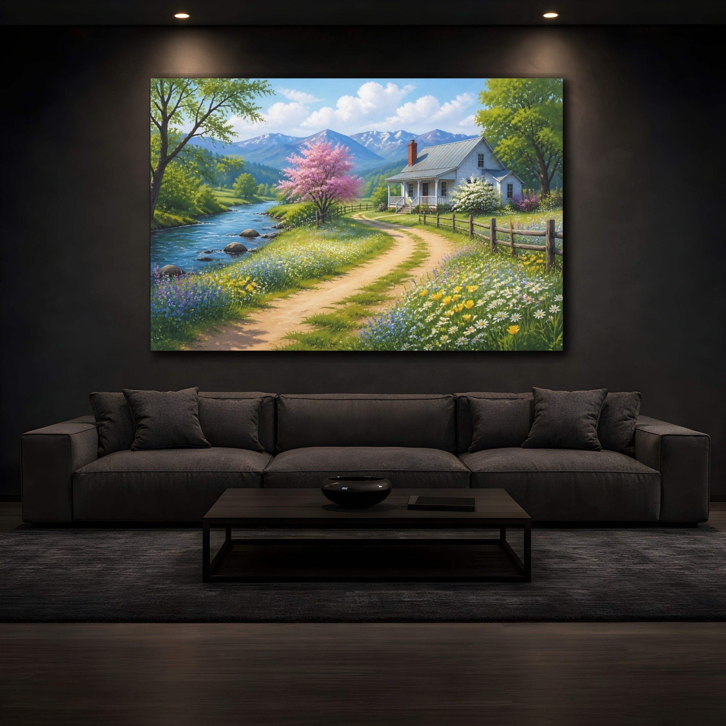 Mockup 3. Nature Country House Spring Landscape shown as stretched canvas wall art