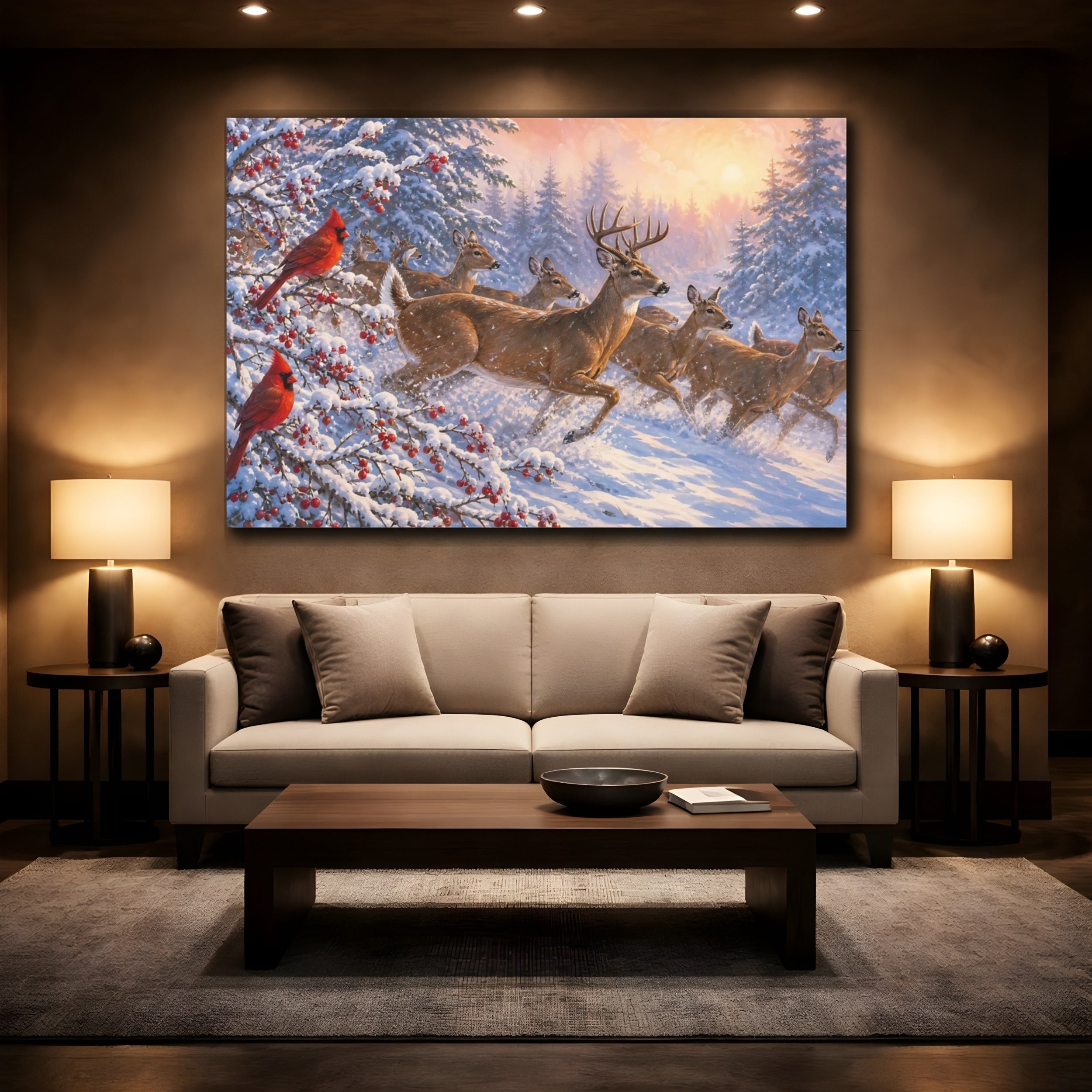 Mockup 2. Nature Deer And Cardinals Winter Wildlife shown as stretched canvas wall art