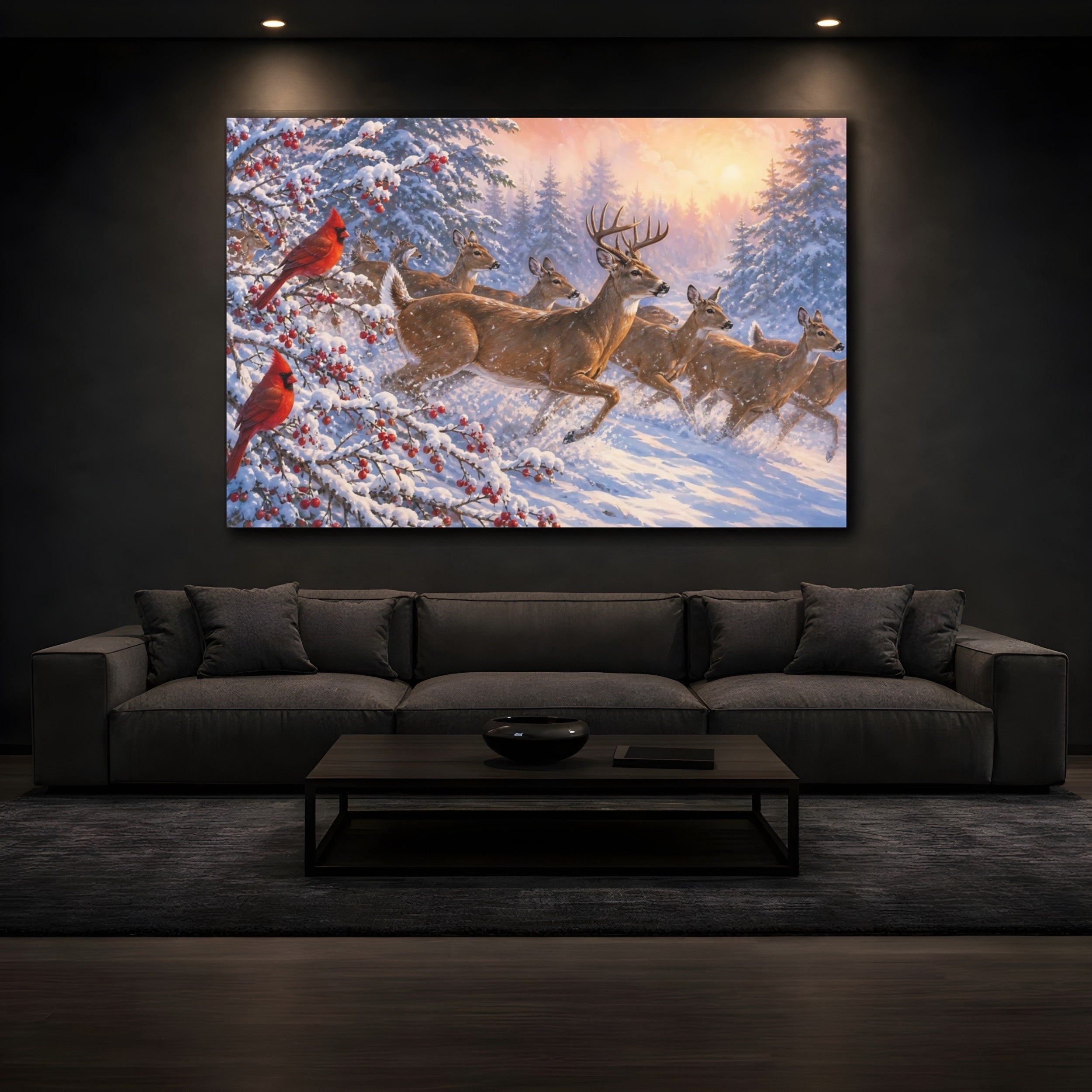 Mockup 3. Nature Deer And Cardinals Winter Wildlife shown as stretched canvas wall art