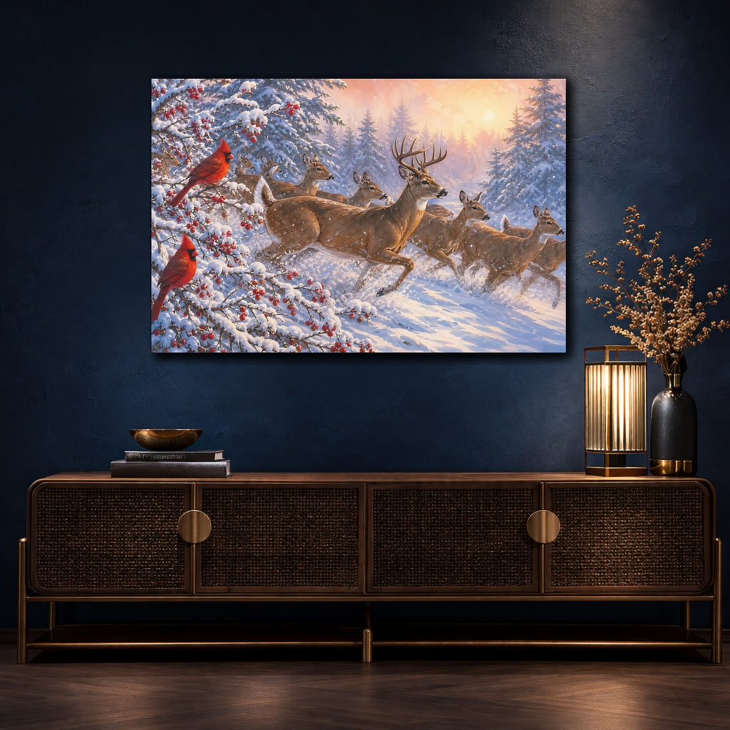 Mockup 4. Nature Deer And Cardinals Winter Wildlife shown as stretched canvas wall art