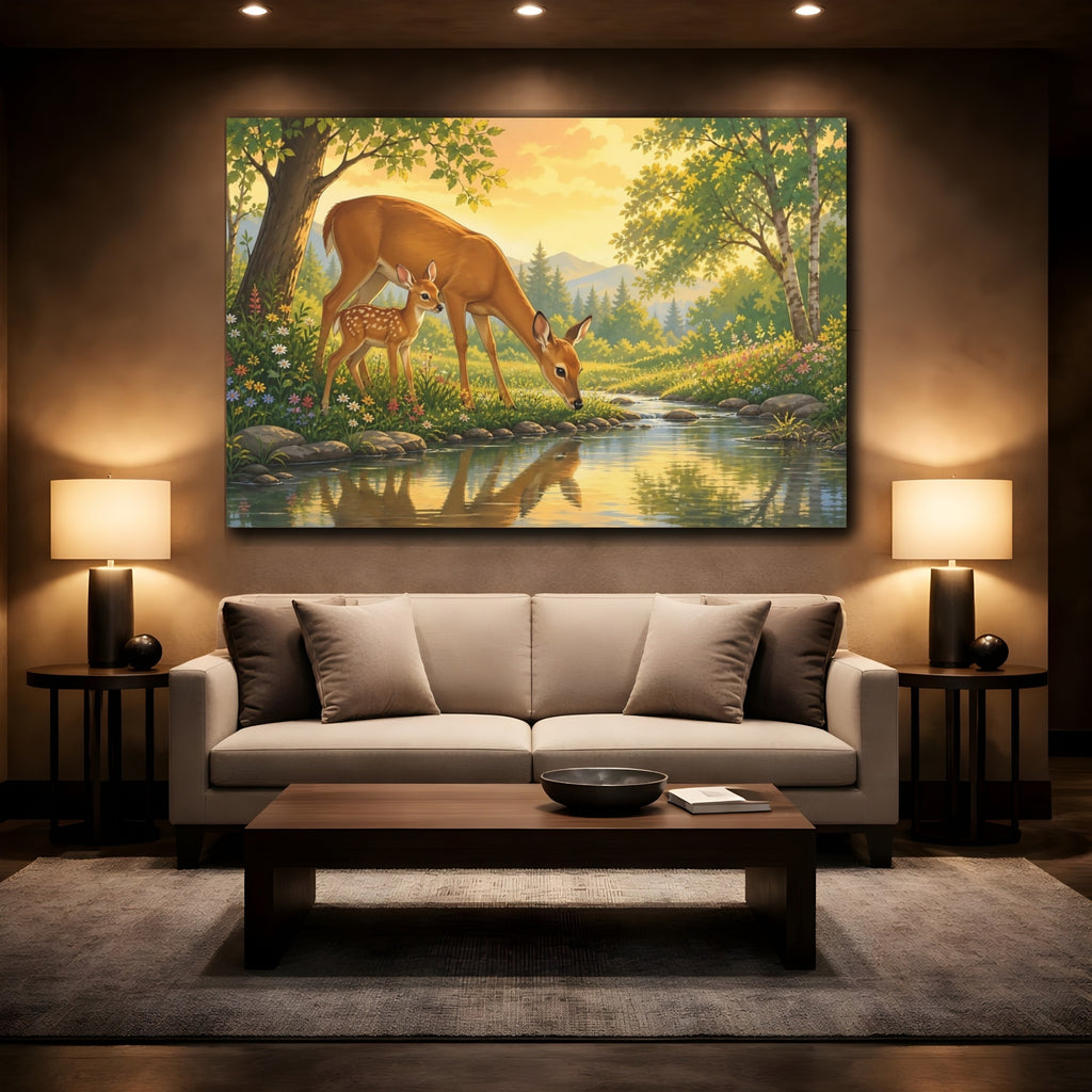 Mockup 2. Nature Deer Family Golden Forest Deer shown as canvas print