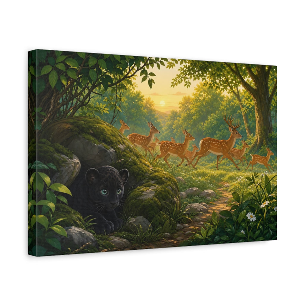 Side Mockup 4. Nature Deer, Panther Cub Forest Animals Sunset shown as canvas print