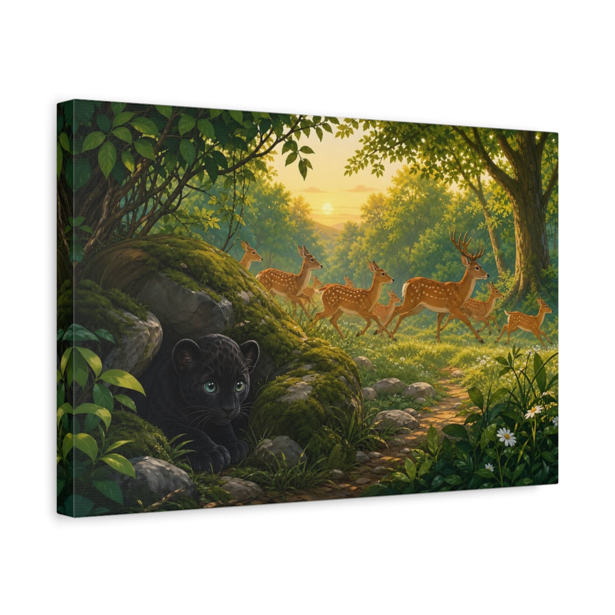 Side Mockup 4. Nature Deer, Panther Cub Forest Animals Sunset shown as canvas print