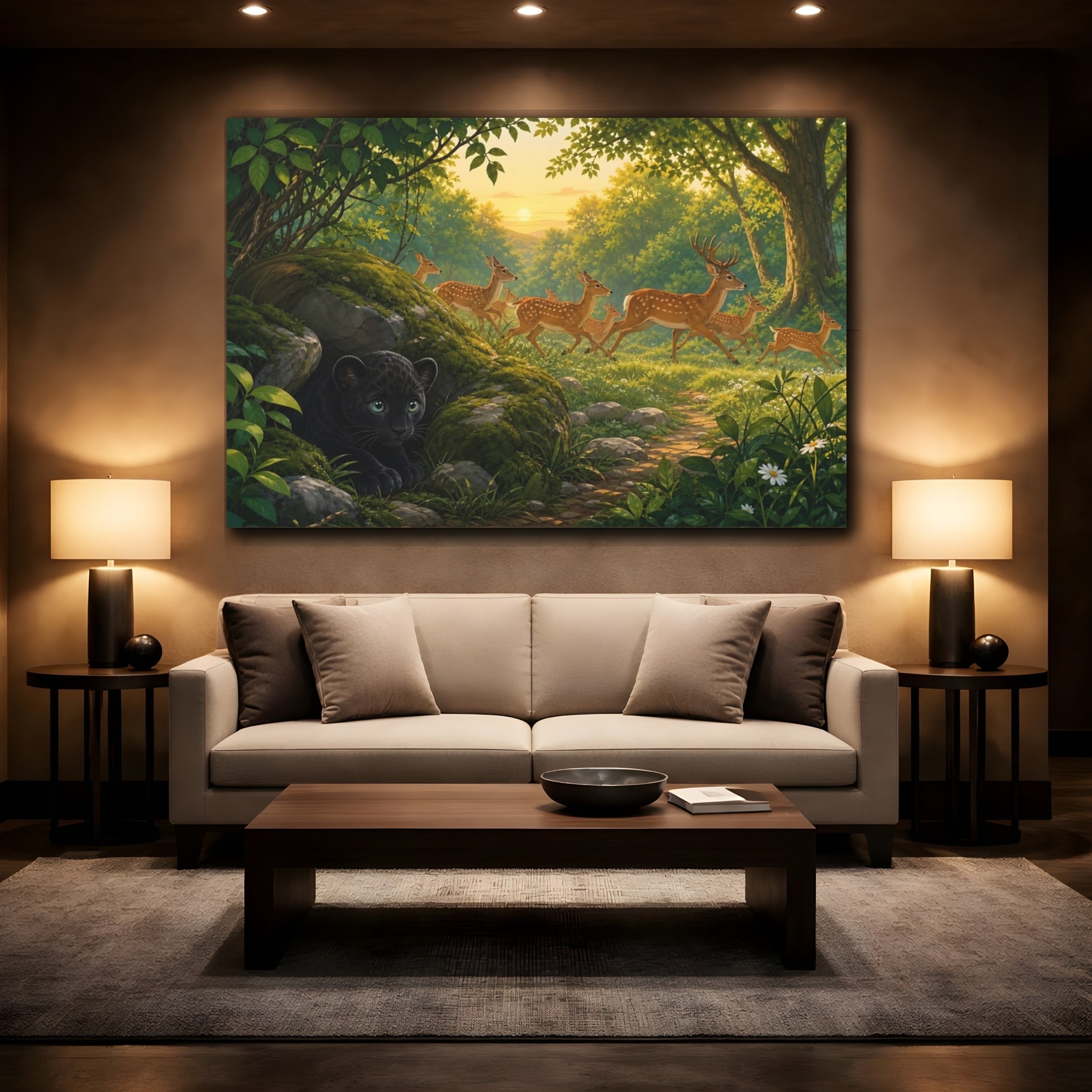 Mockup 2. Nature Deer, Panther Cub Forest Animals Sunset shown as canvas print
