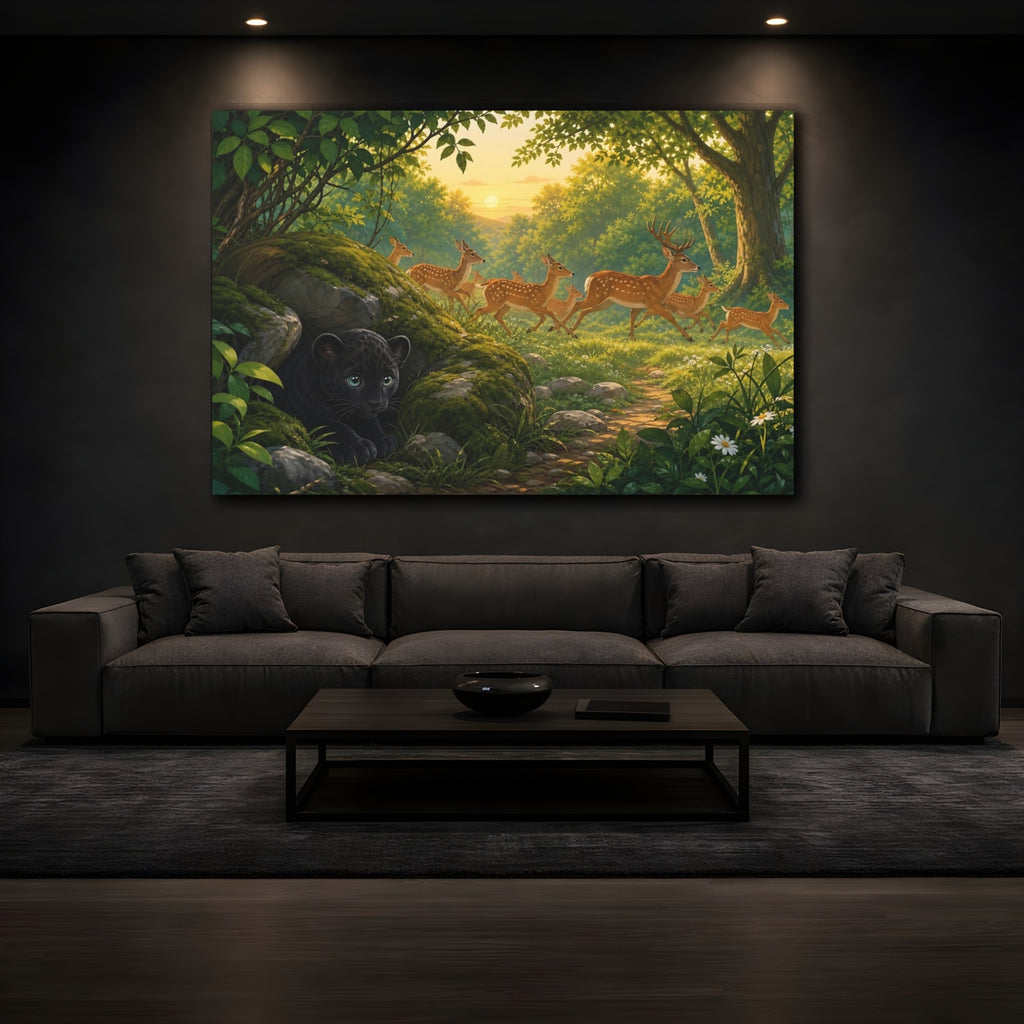 Mockup 3. Nature Deer, Panther Cub Forest Animals Sunset shown as canvas print