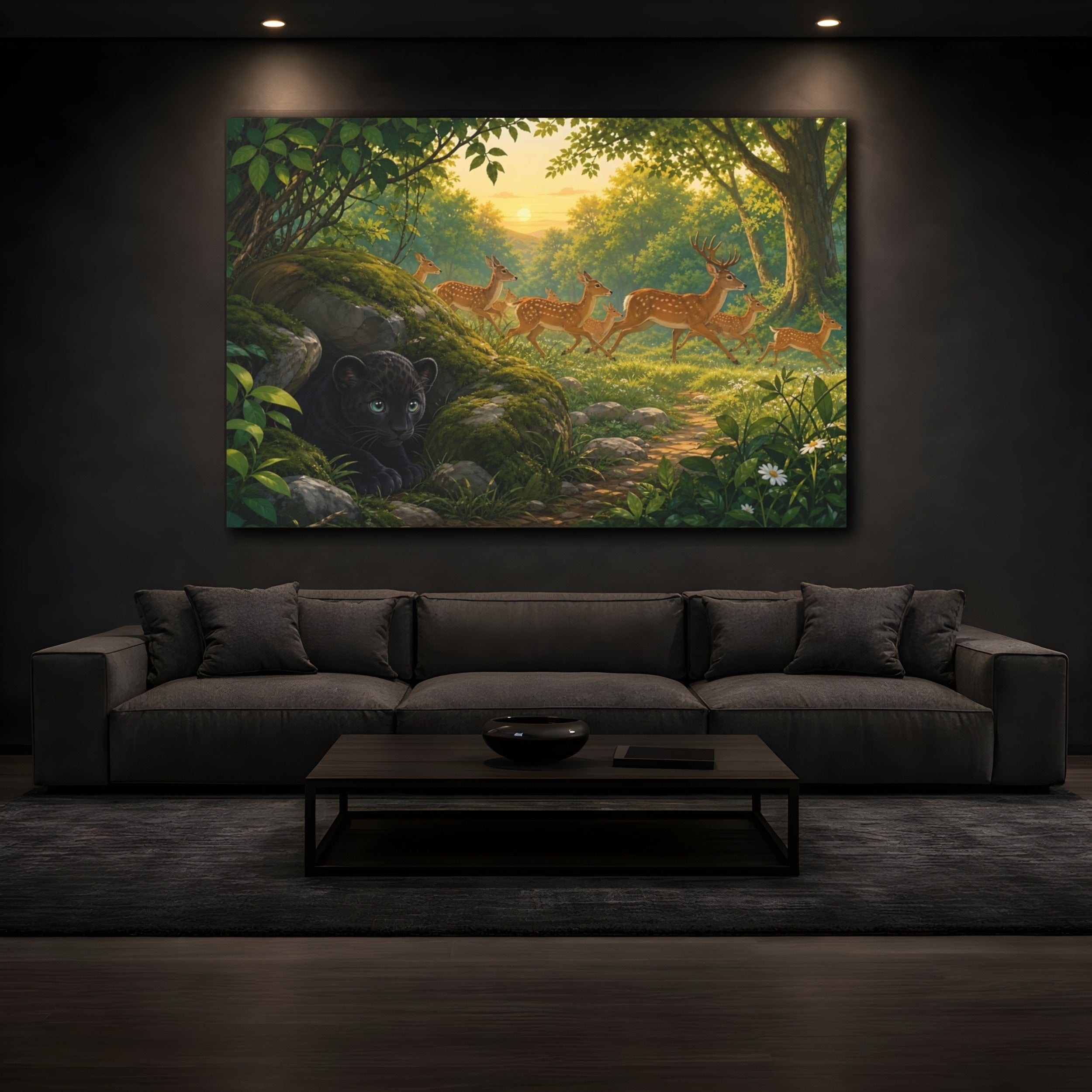 Mockup 3. Nature Deer, Panther Cub Forest Animals Sunset shown as canvas print