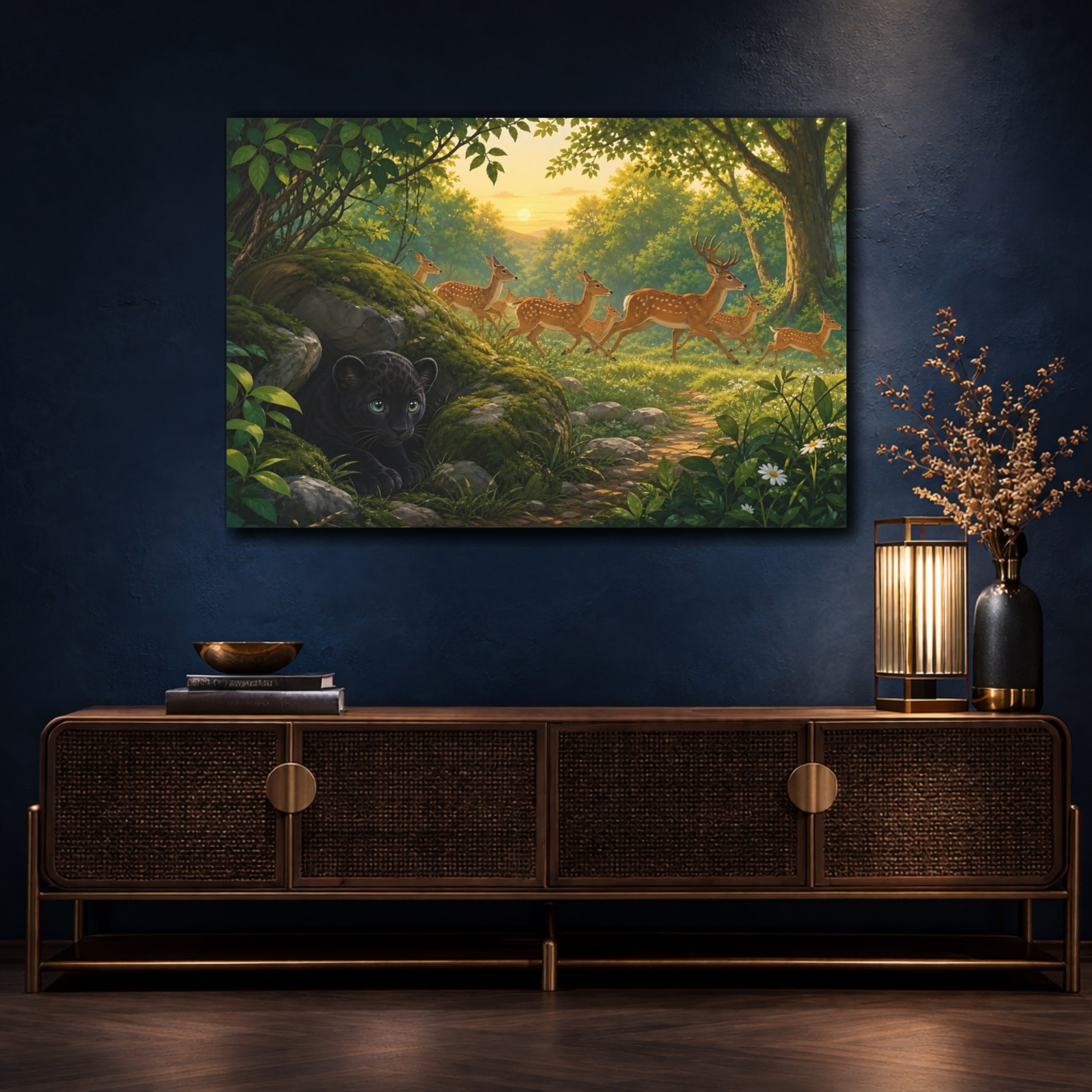 Mockup 4. Nature Deer, Panther Cub Forest Animals Sunset shown as canvas print