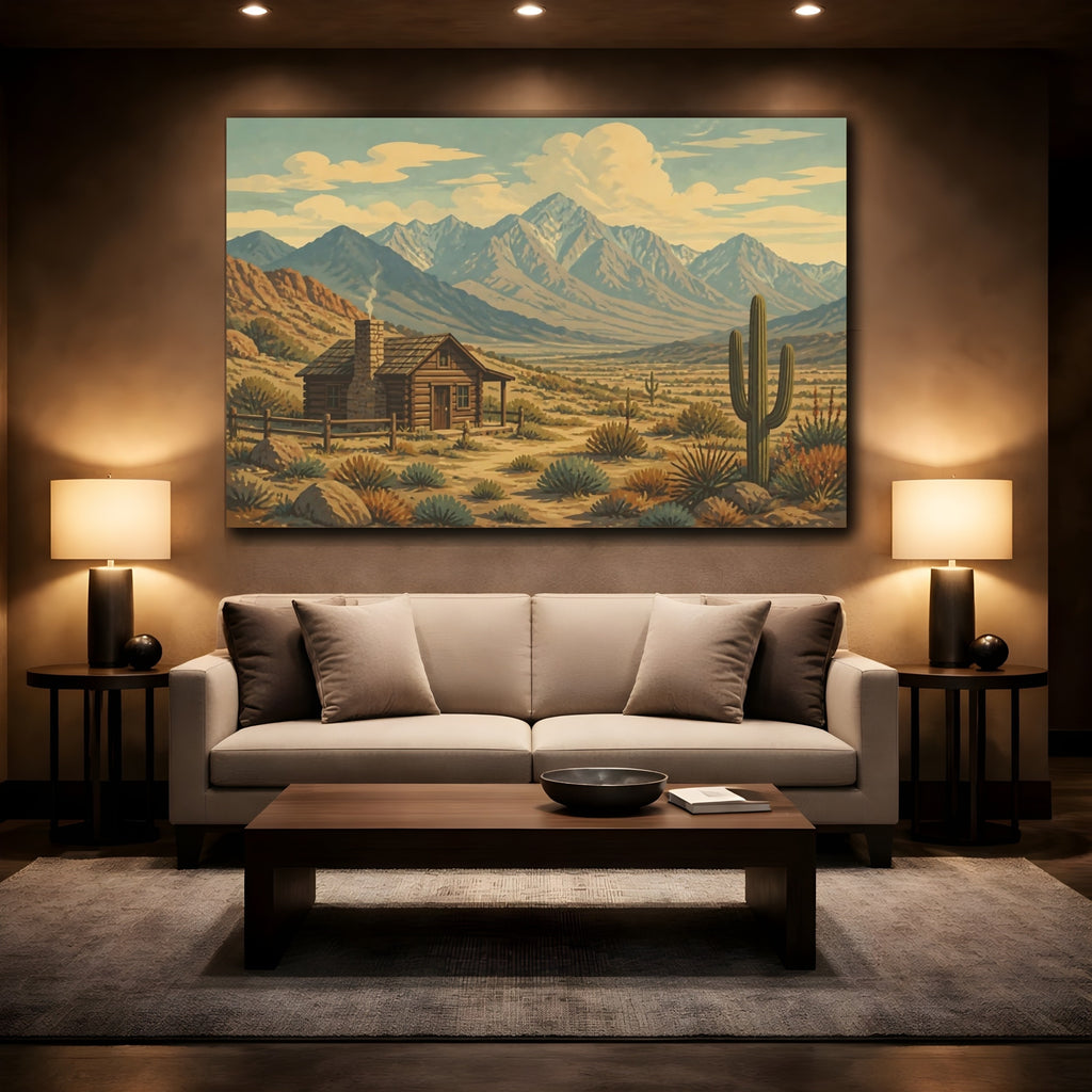 Mockup 2. Nature Desert Cabin Desert Landscape shown as canvas print